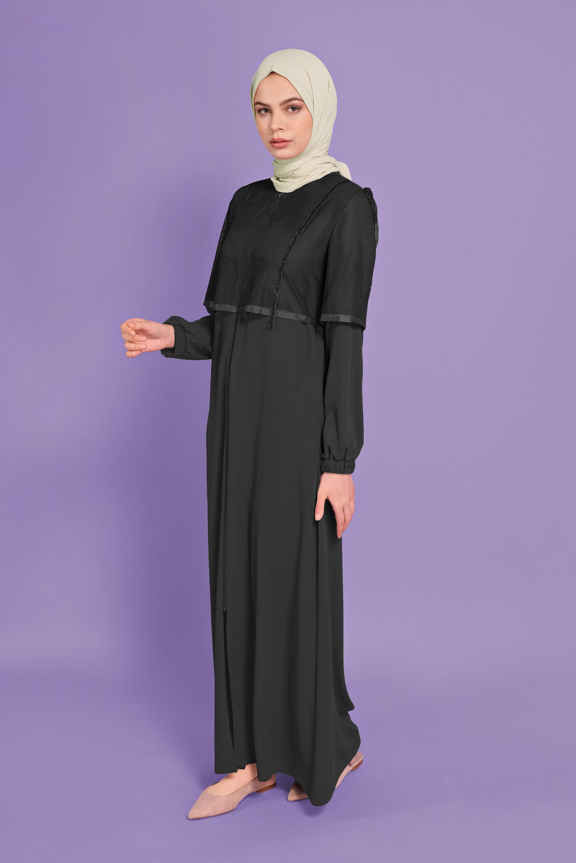 Tesettür giyim SİYAH FİLELİ FERMUARLI PARDESÜ 10376 