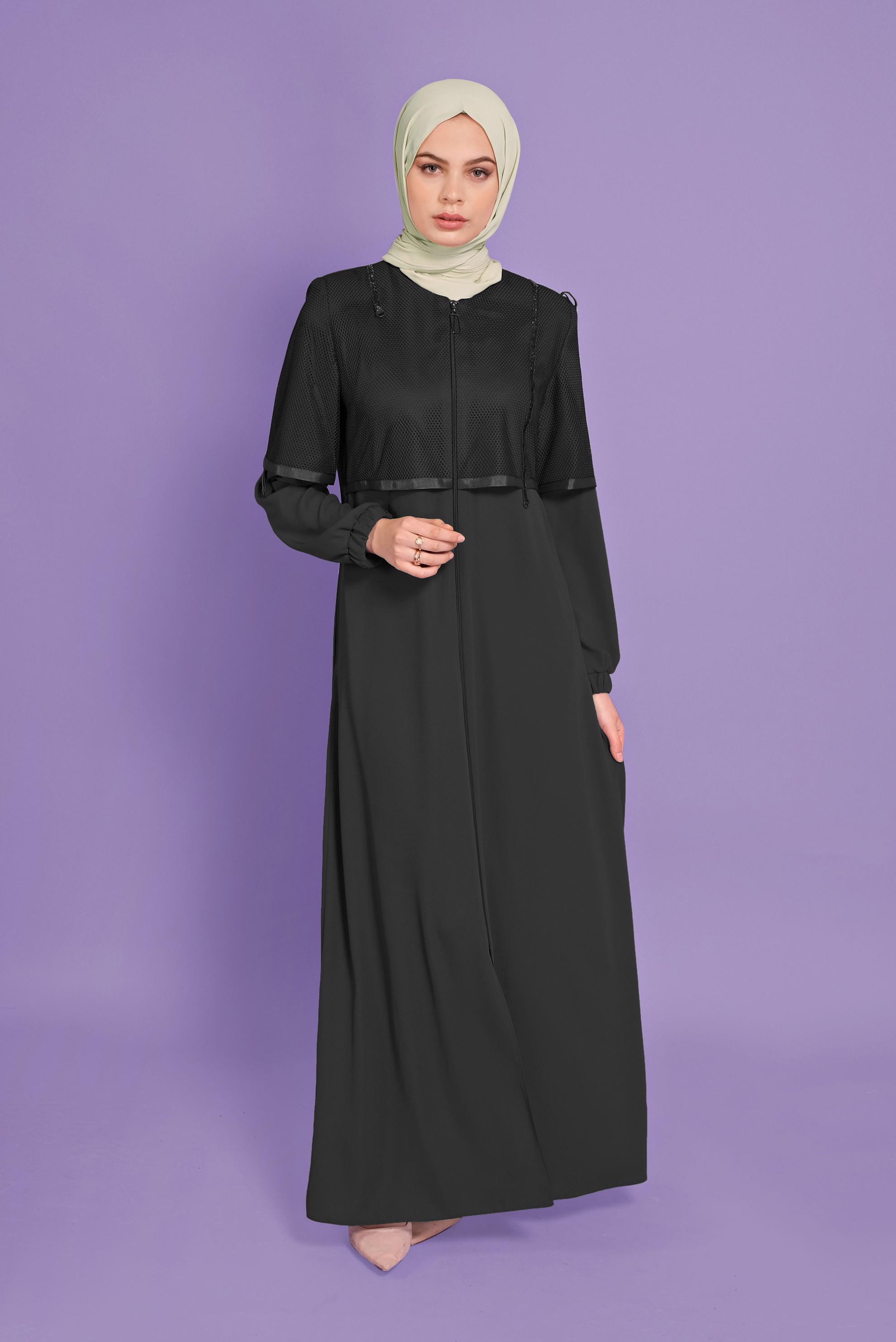 Tesettür giyim SİYAH FİLELİ FERMUARLI PARDESÜ 10376 