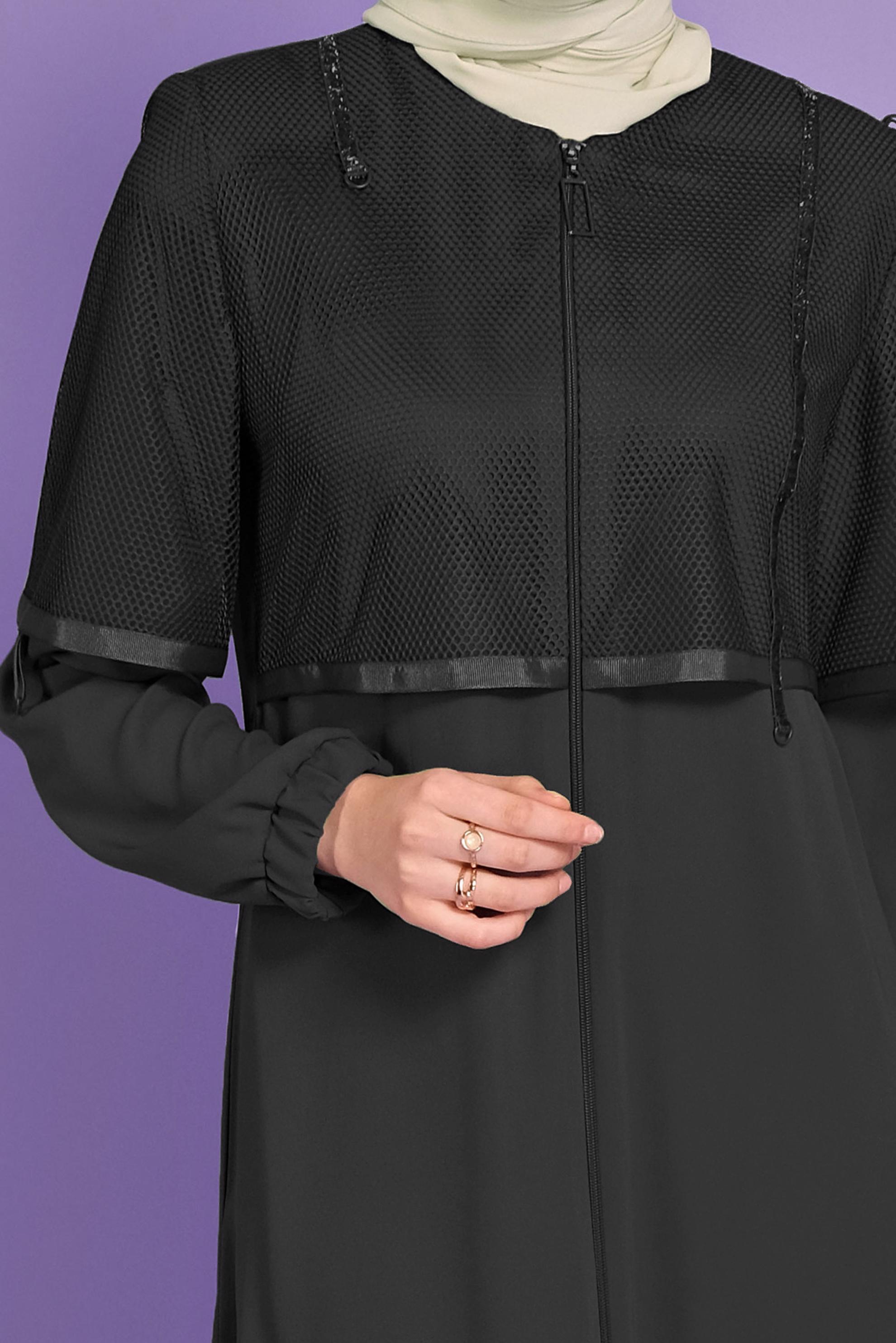 Tesettür giyim SİYAH FİLELİ FERMUARLI PARDESÜ 10376 