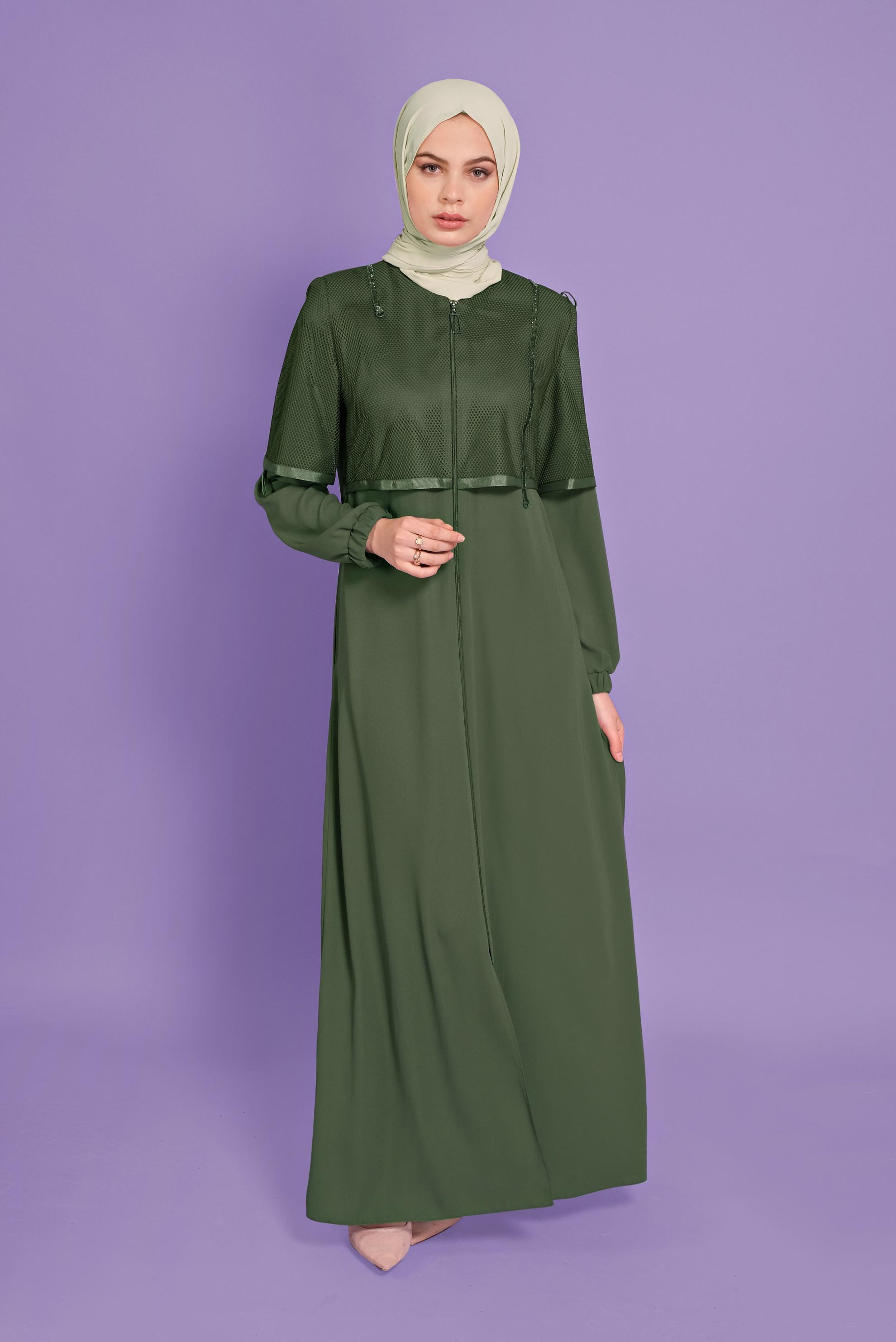 Tesettür giyim HAKİ FİLELİ FERMUARLI PARDESÜ 10376 