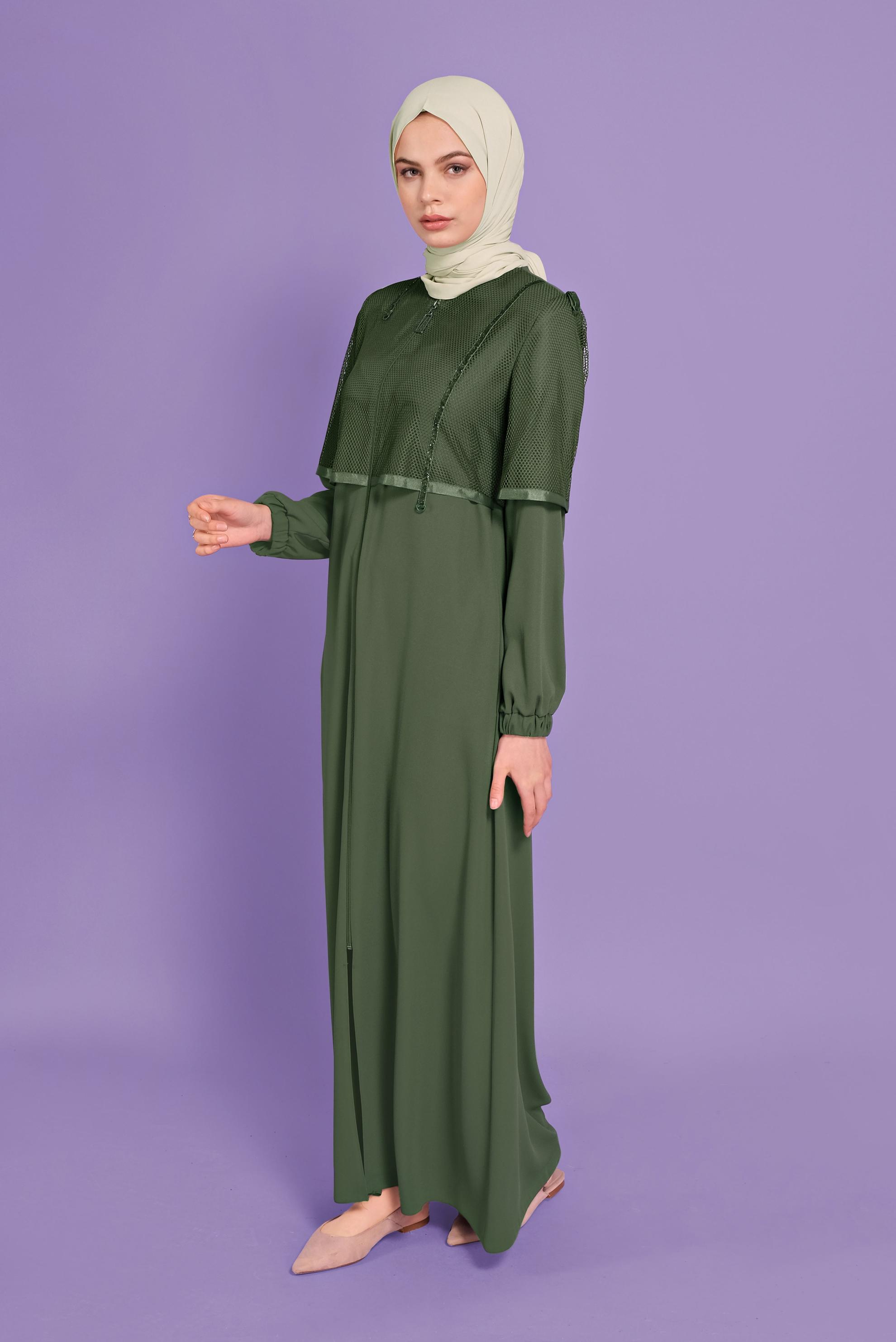 Tesettür giyim HAKİ FİLELİ FERMUARLI PARDESÜ 10376 