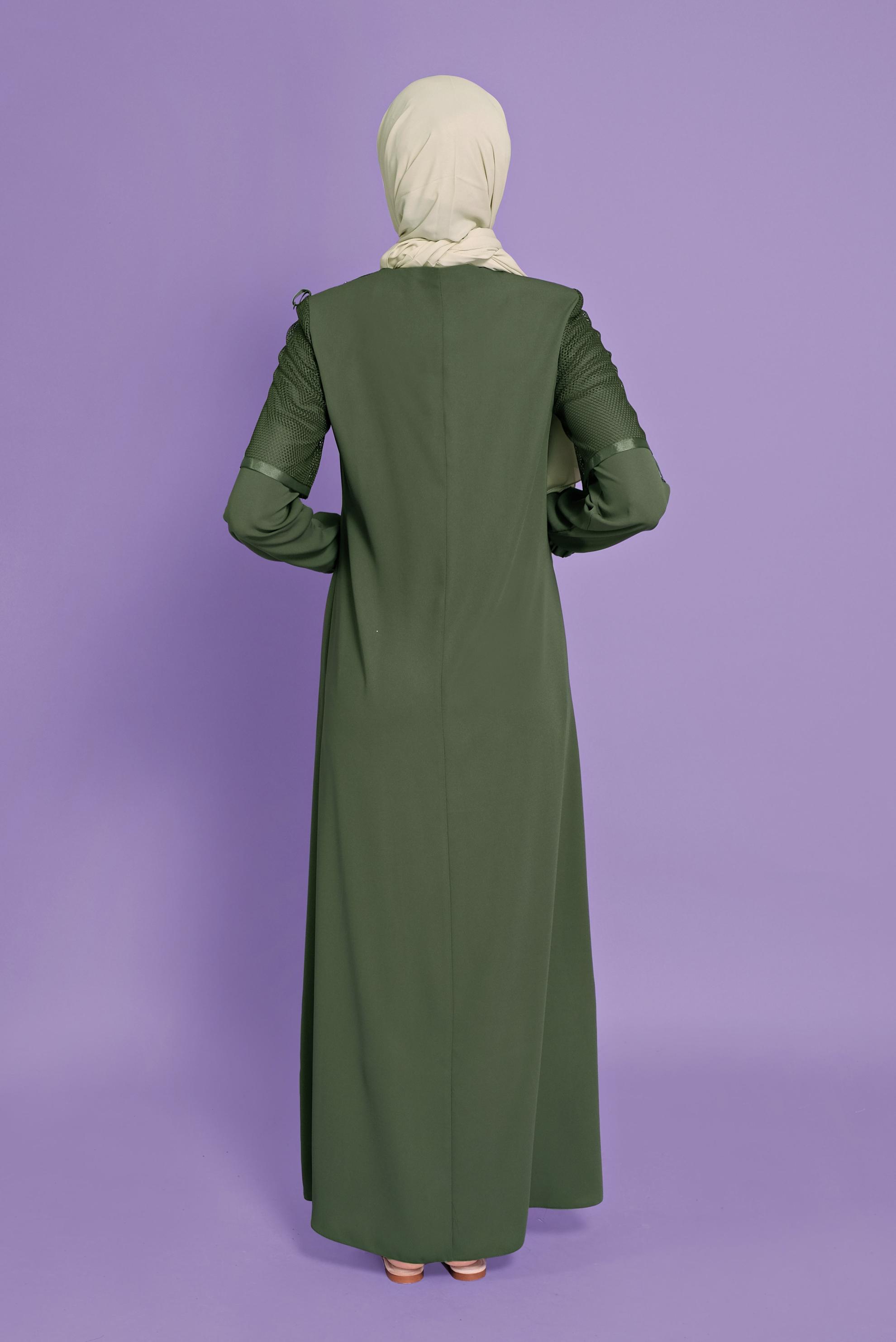 Tesettür giyim HAKİ FİLELİ FERMUARLI PARDESÜ 10376 