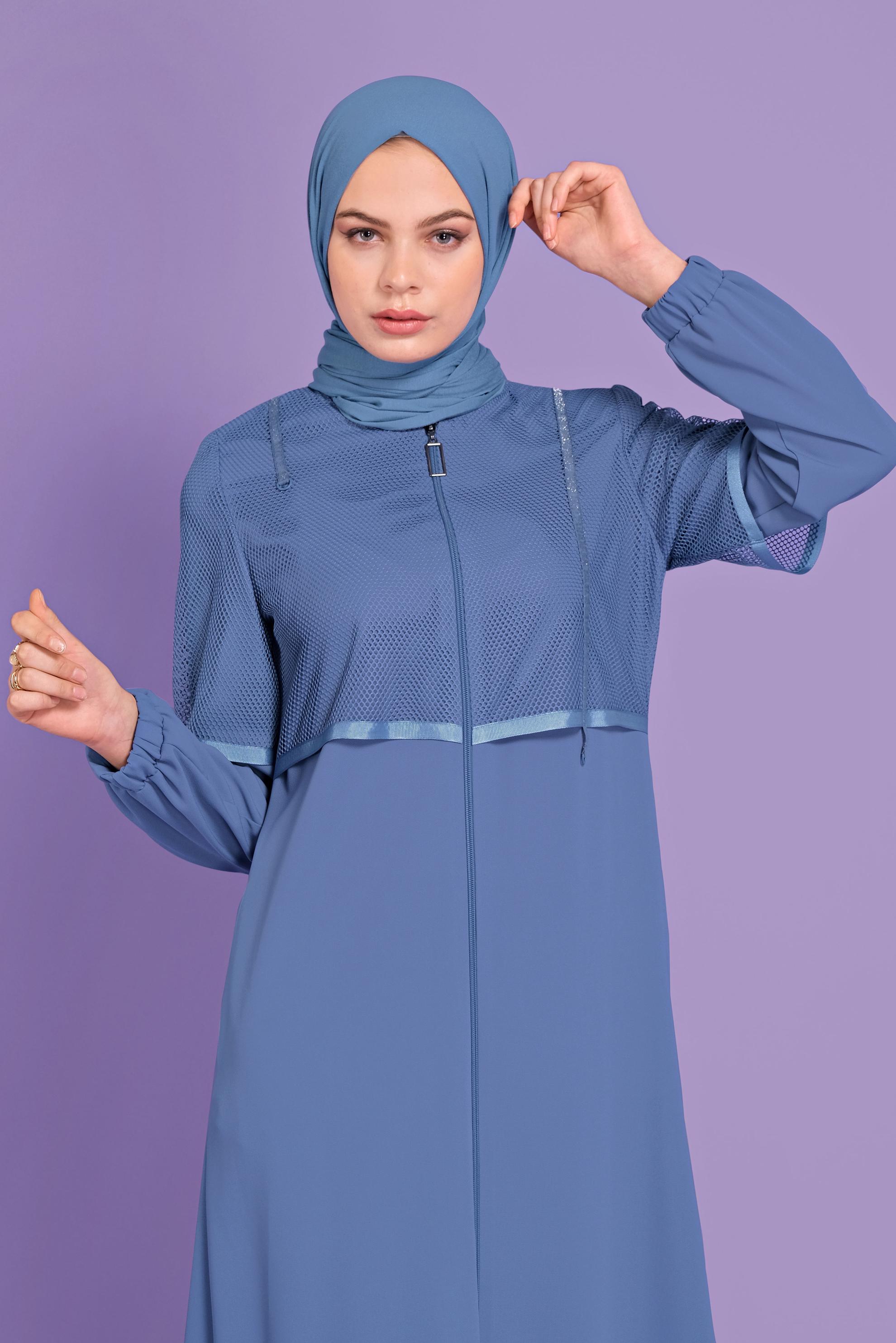 Tesettür giyim MAVİ FİLELİ FERMUARLI PARDESÜ 10376 