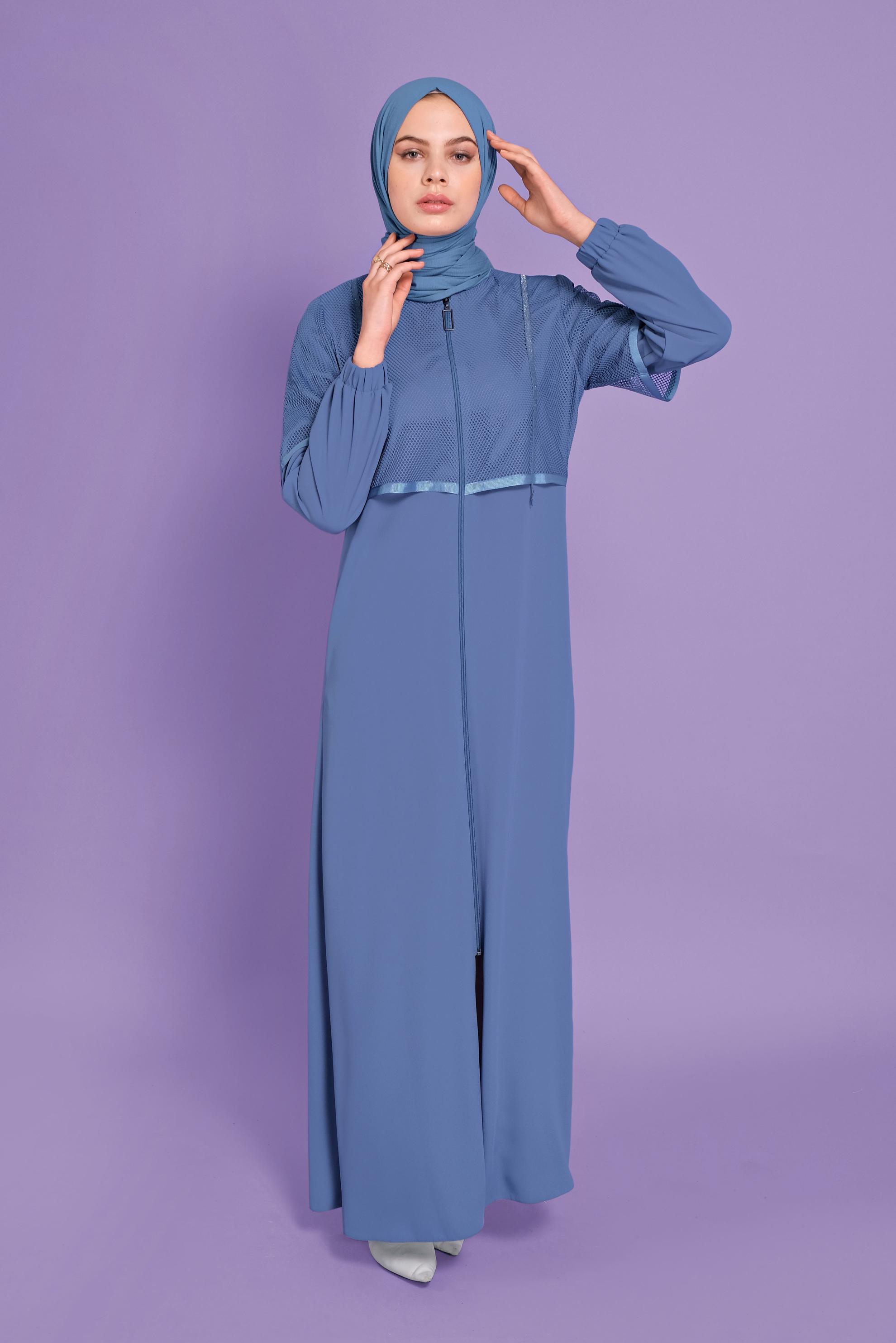 Tesettür giyim MAVİ FİLELİ FERMUARLI PARDESÜ 10376 