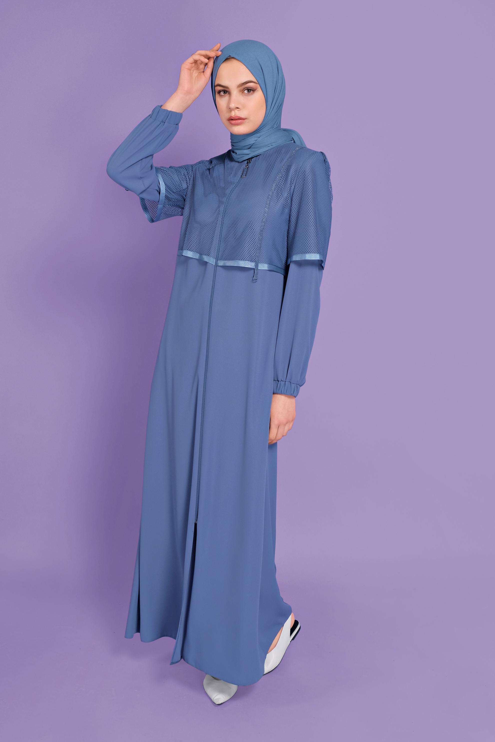 Tesettür giyim MAVİ FİLELİ FERMUARLI PARDESÜ 10376 