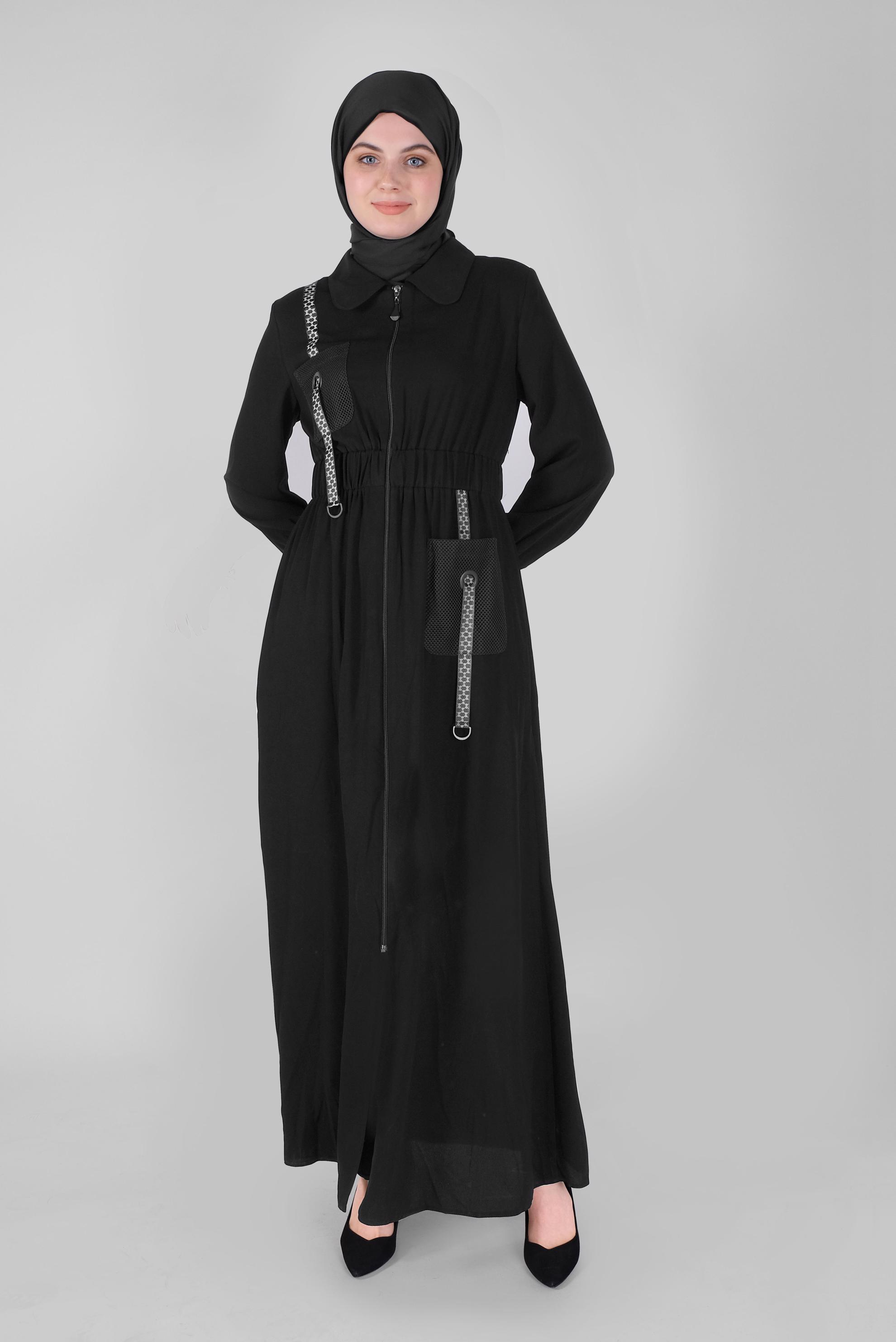 Tesettür giyim SİYAH FİLE DETAYLI PARDESÜ 10377 