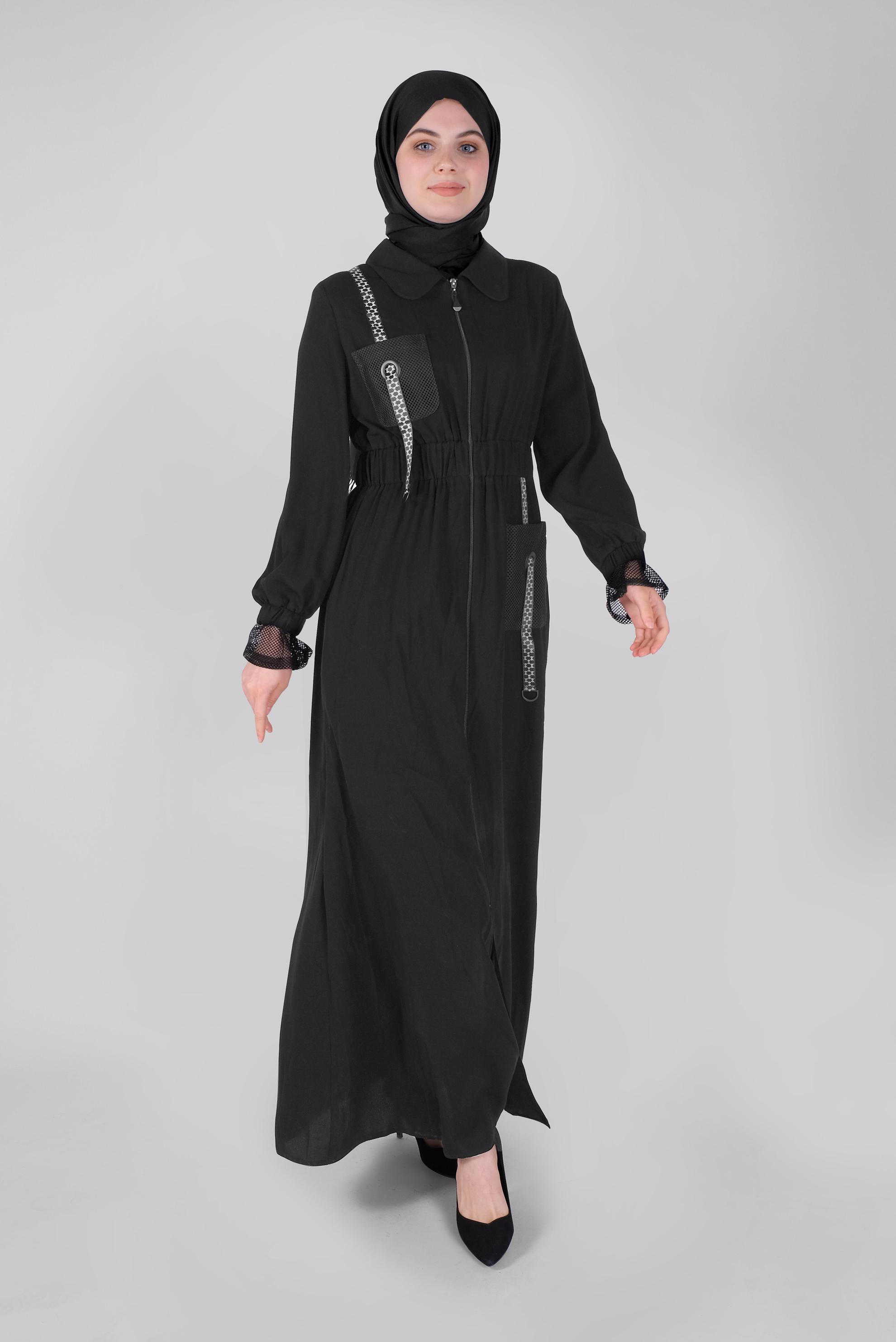 Tesettür giyim SİYAH FİLE DETAYLI PARDESÜ 10377 