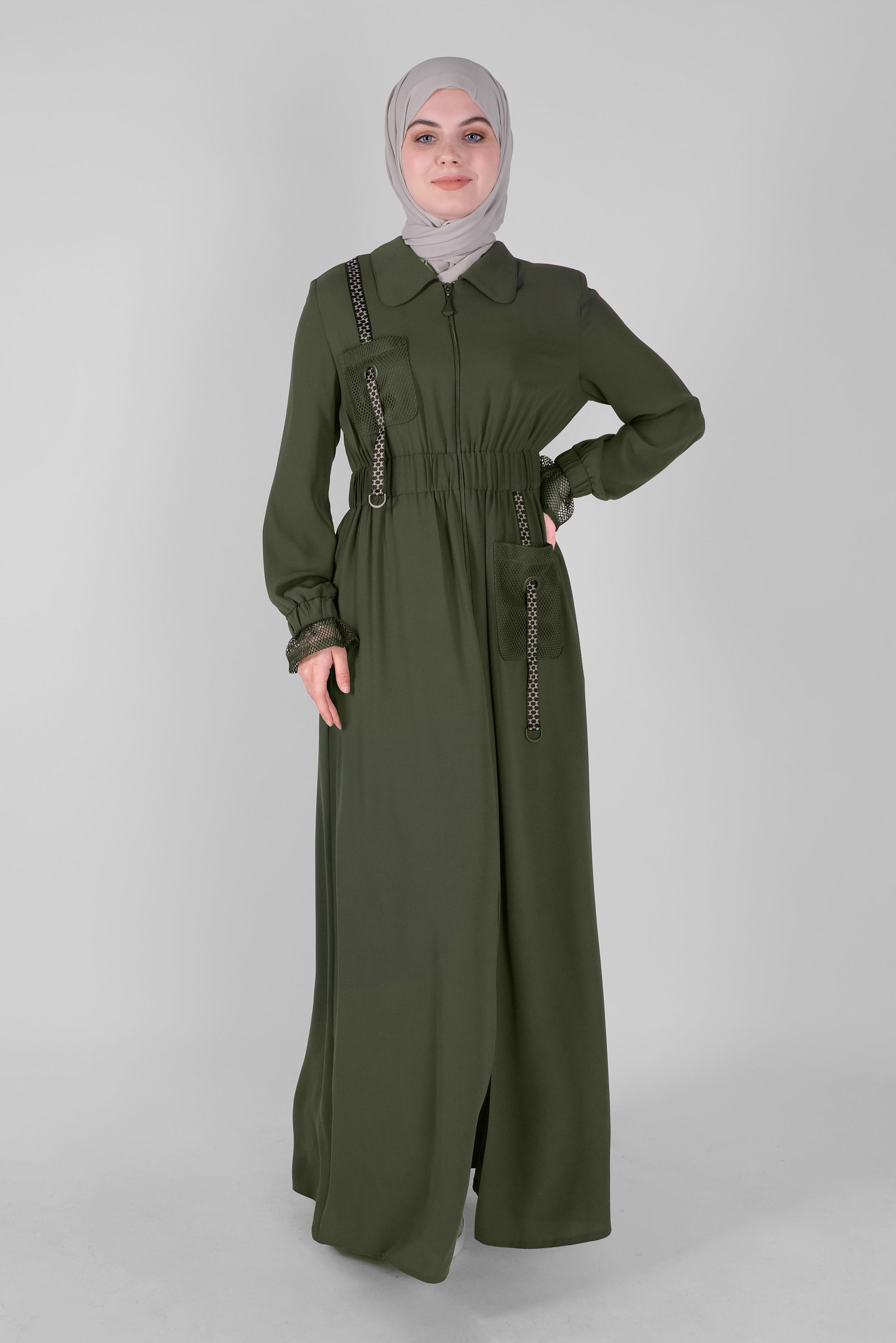 Tesettür giyim HAKİ FİLE DETAYLI PARDESÜ 10377 