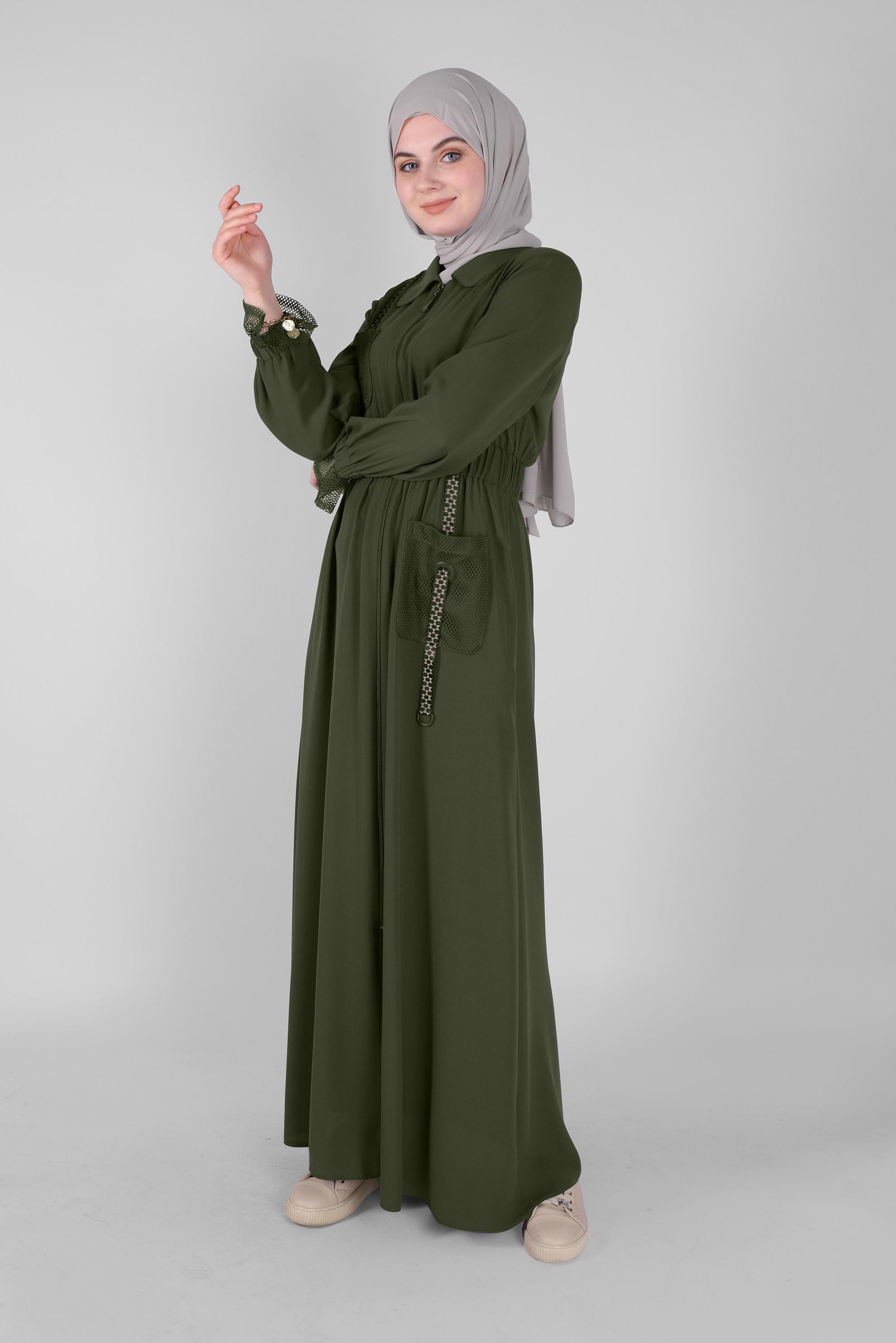 Tesettür giyim HAKİ FİLE DETAYLI PARDESÜ 10377 