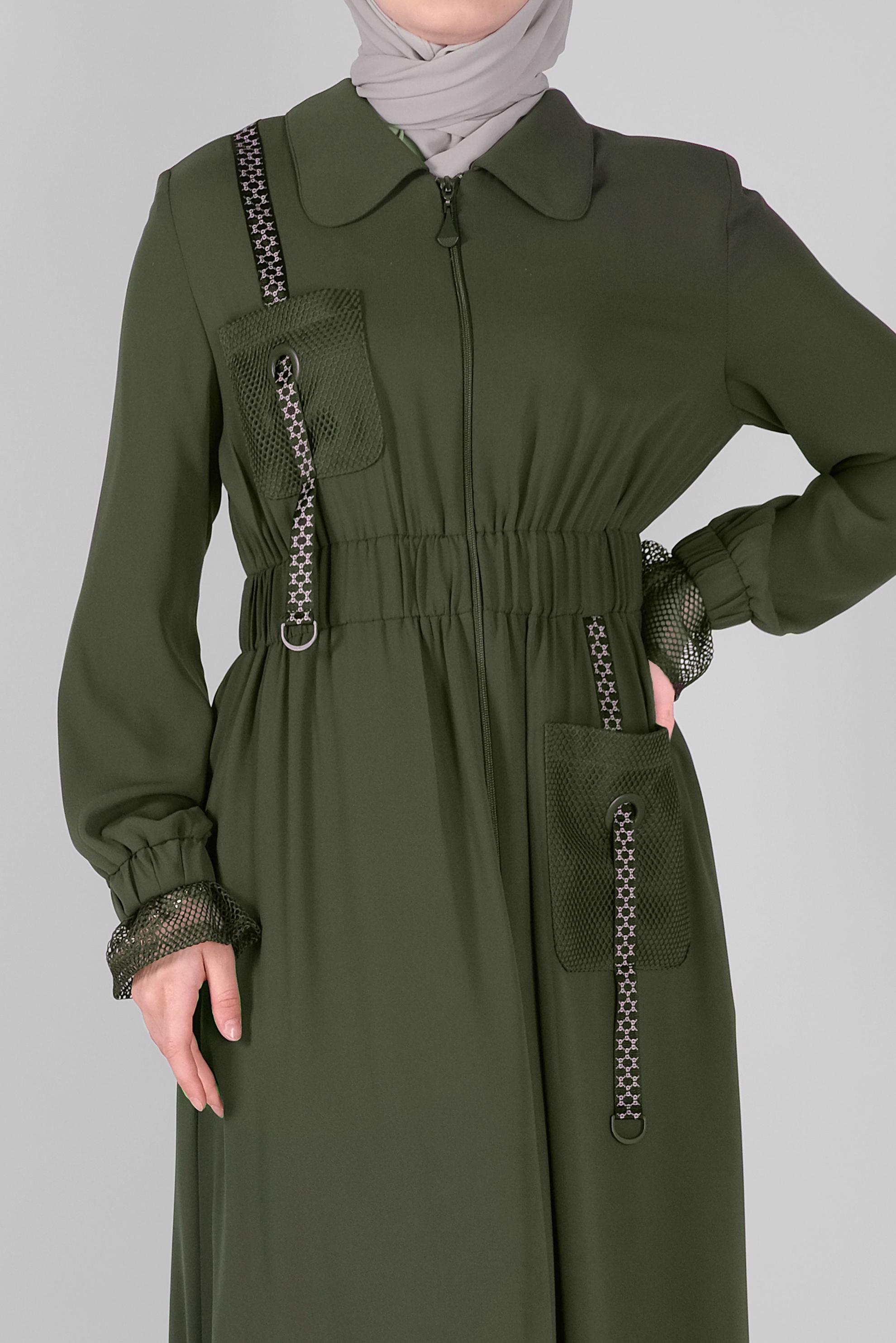 Tesettür giyim HAKİ FİLE DETAYLI PARDESÜ 10377 