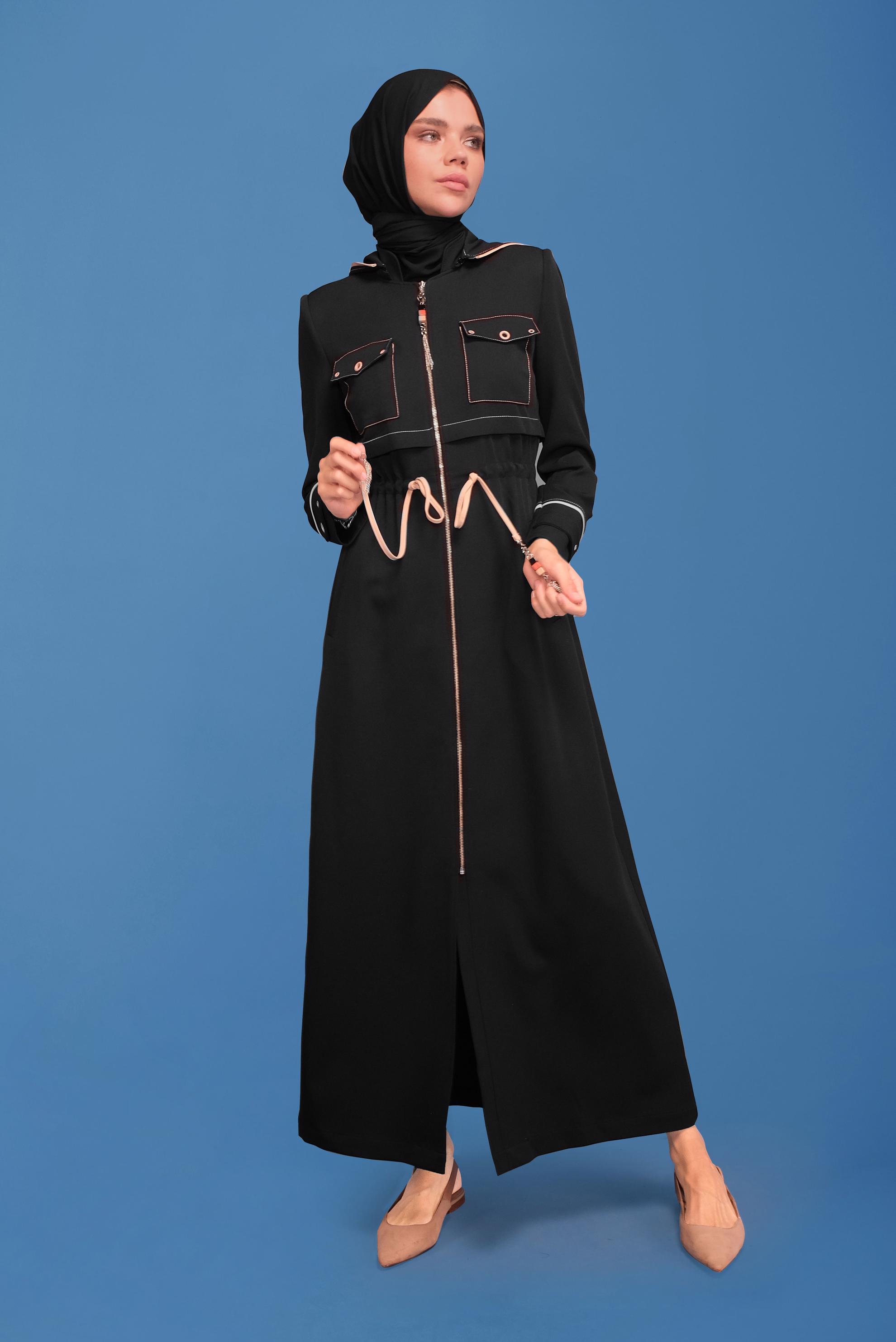 Tesettür giyim SİYAH KUŞ GÖZÜ DETAYLI PARDESÜ 10381