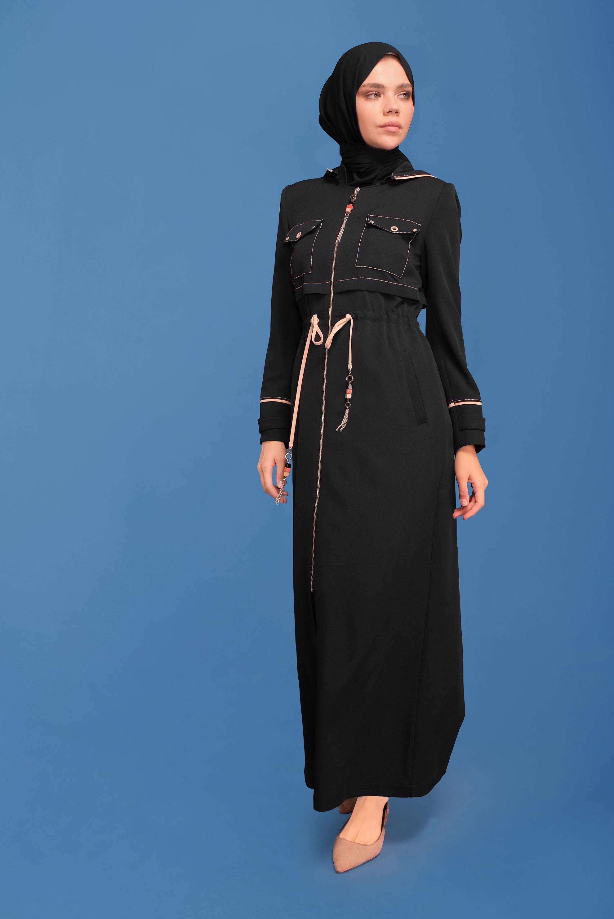 Tesettür giyim SİYAH KUŞ GÖZÜ DETAYLI PARDESÜ 10381