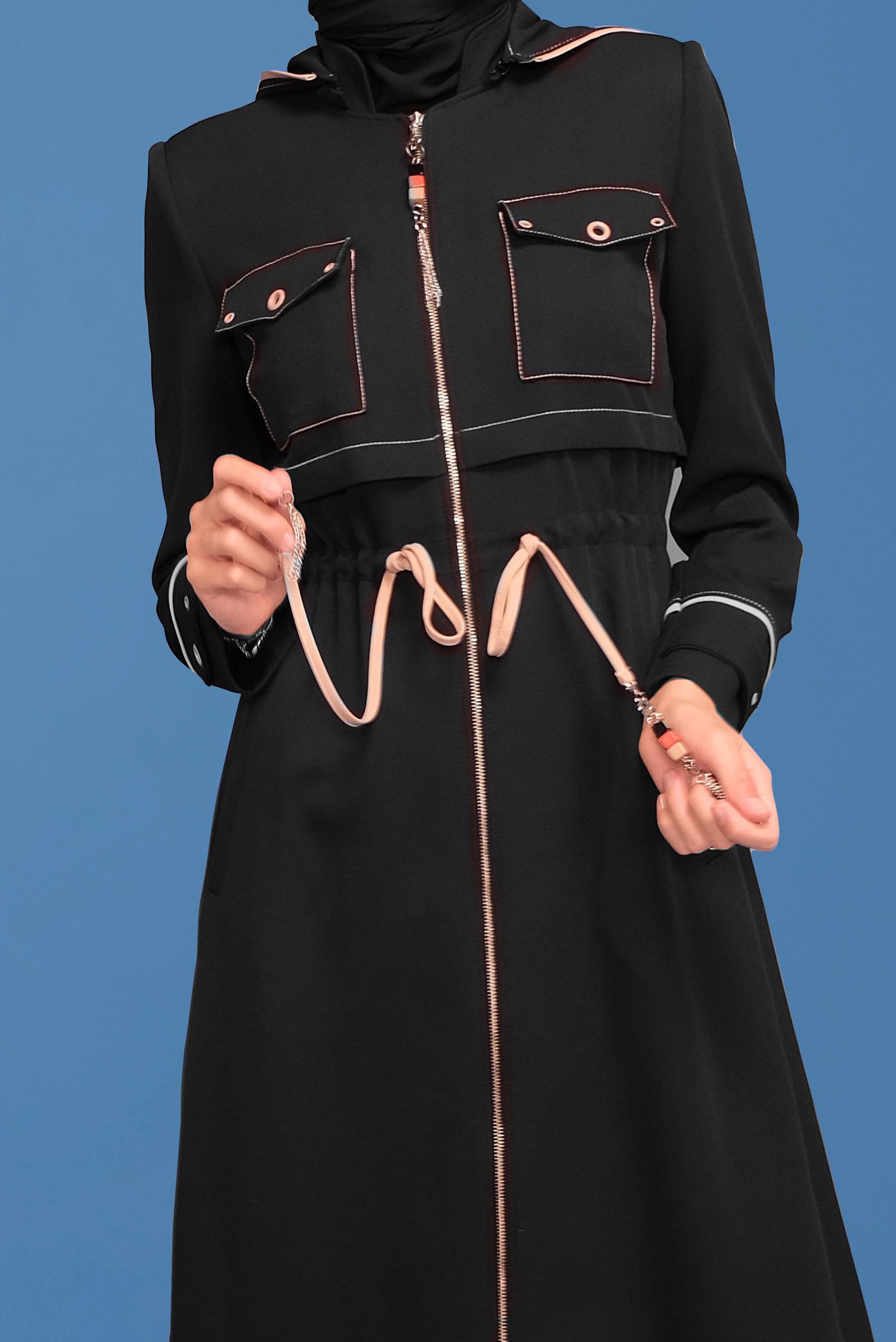 Tesettür giyim SİYAH KUŞ GÖZÜ DETAYLI PARDESÜ 10381