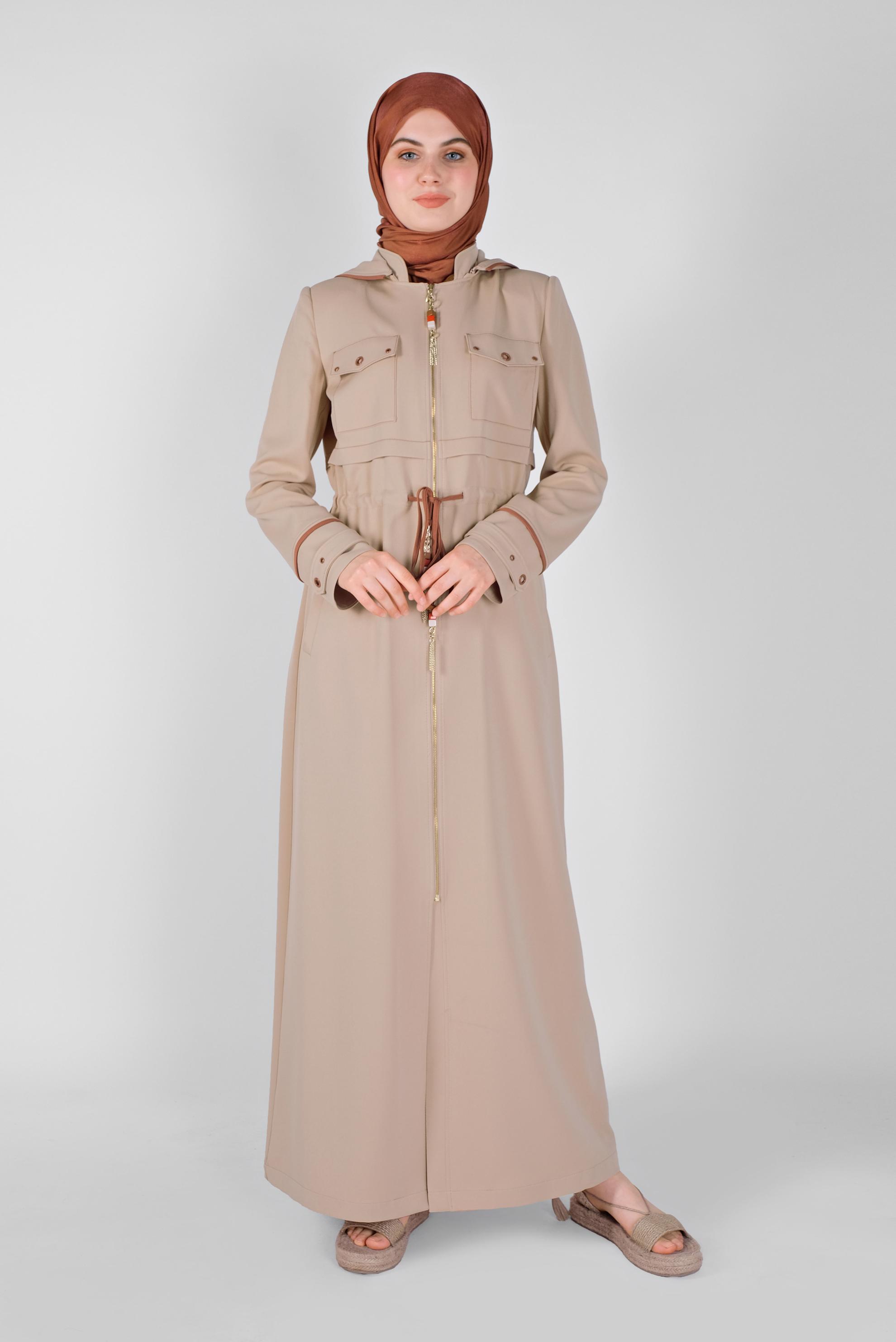 Tesettür giyim BEJ KUŞ GÖZÜ DETAYLI PARDESÜ 10381