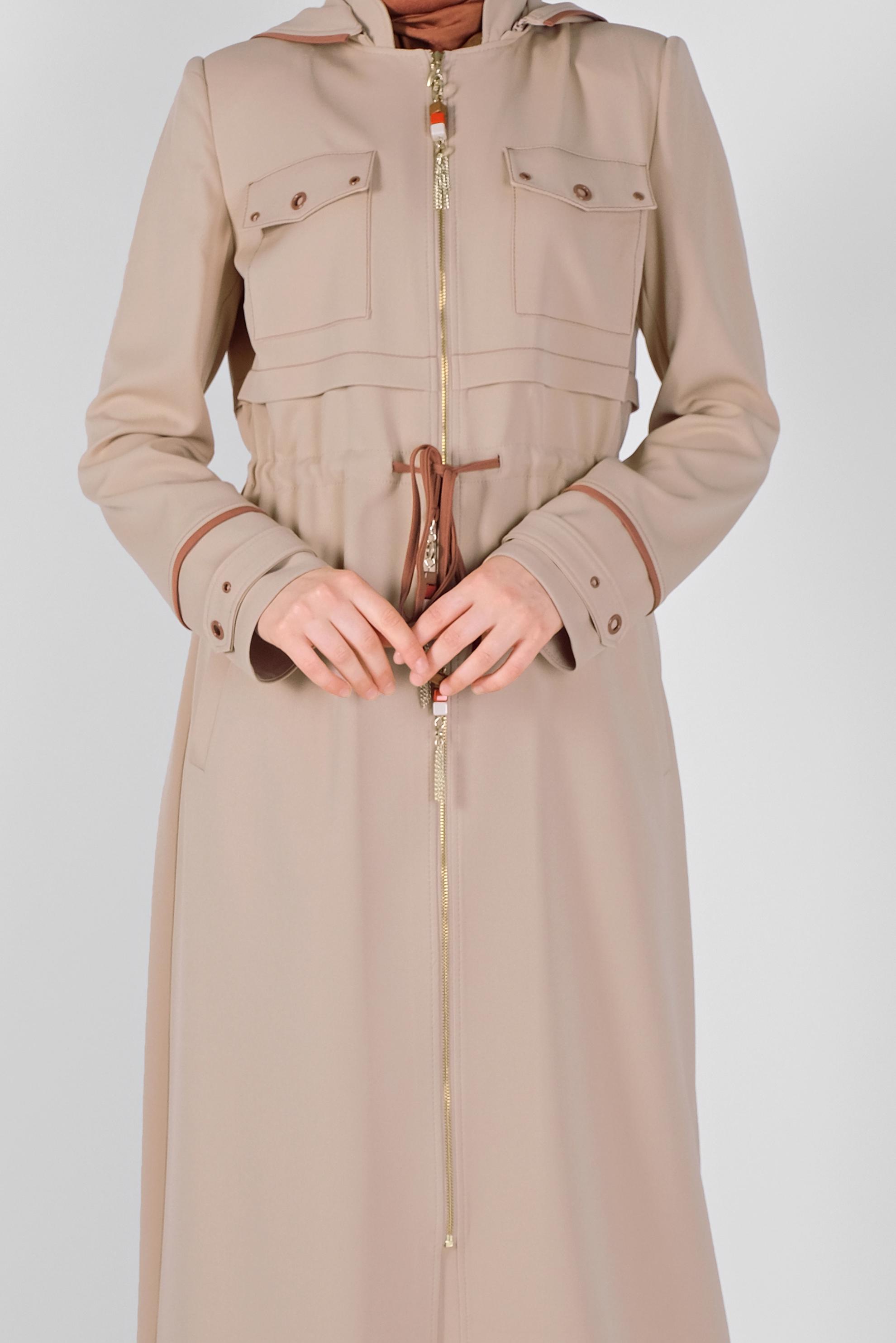 Tesettür giyim BEJ KUŞ GÖZÜ DETAYLI PARDESÜ 10381