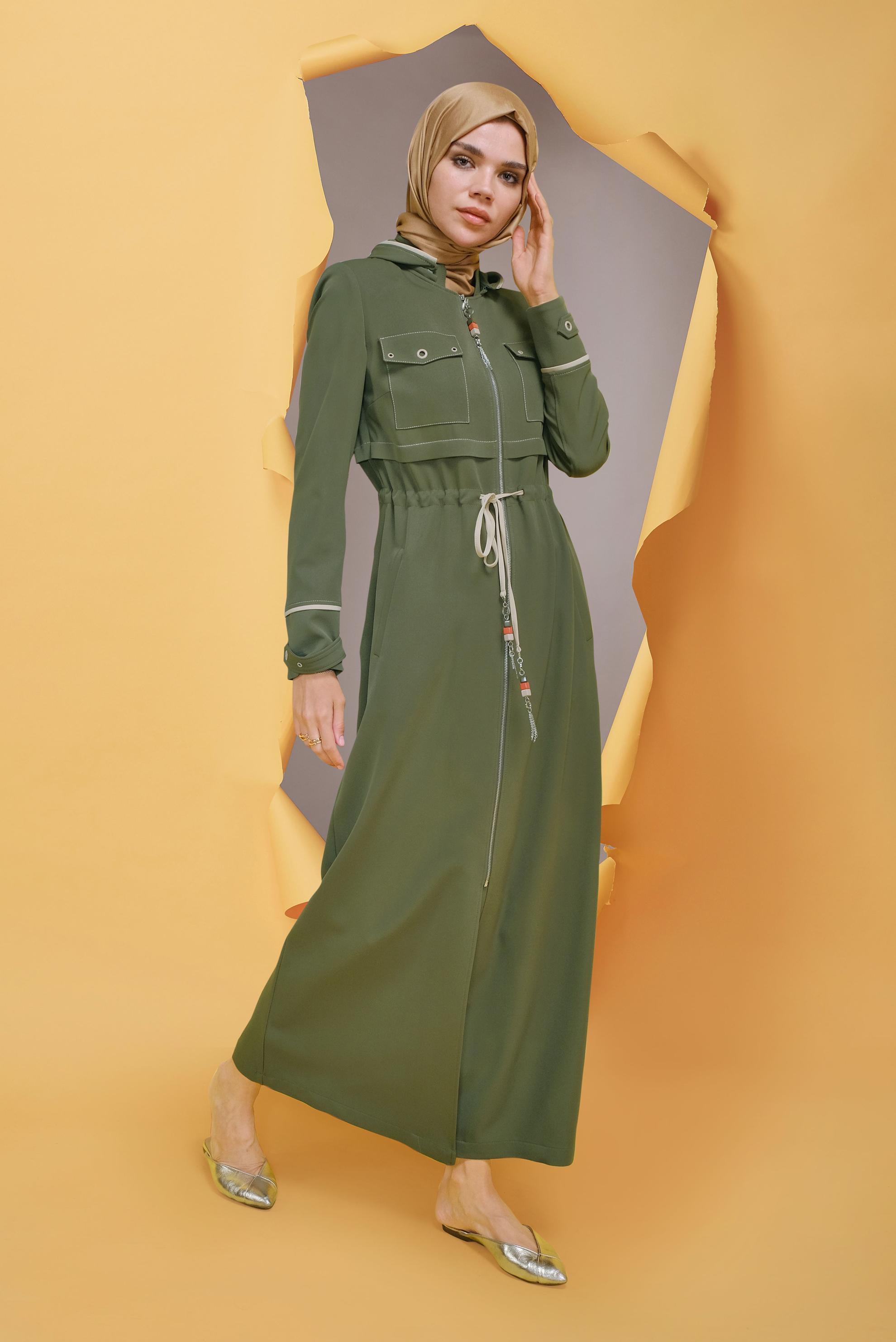 Tesettür giyim HAKİ KUŞ GÖZÜ DETAYLI PARDESÜ 10381