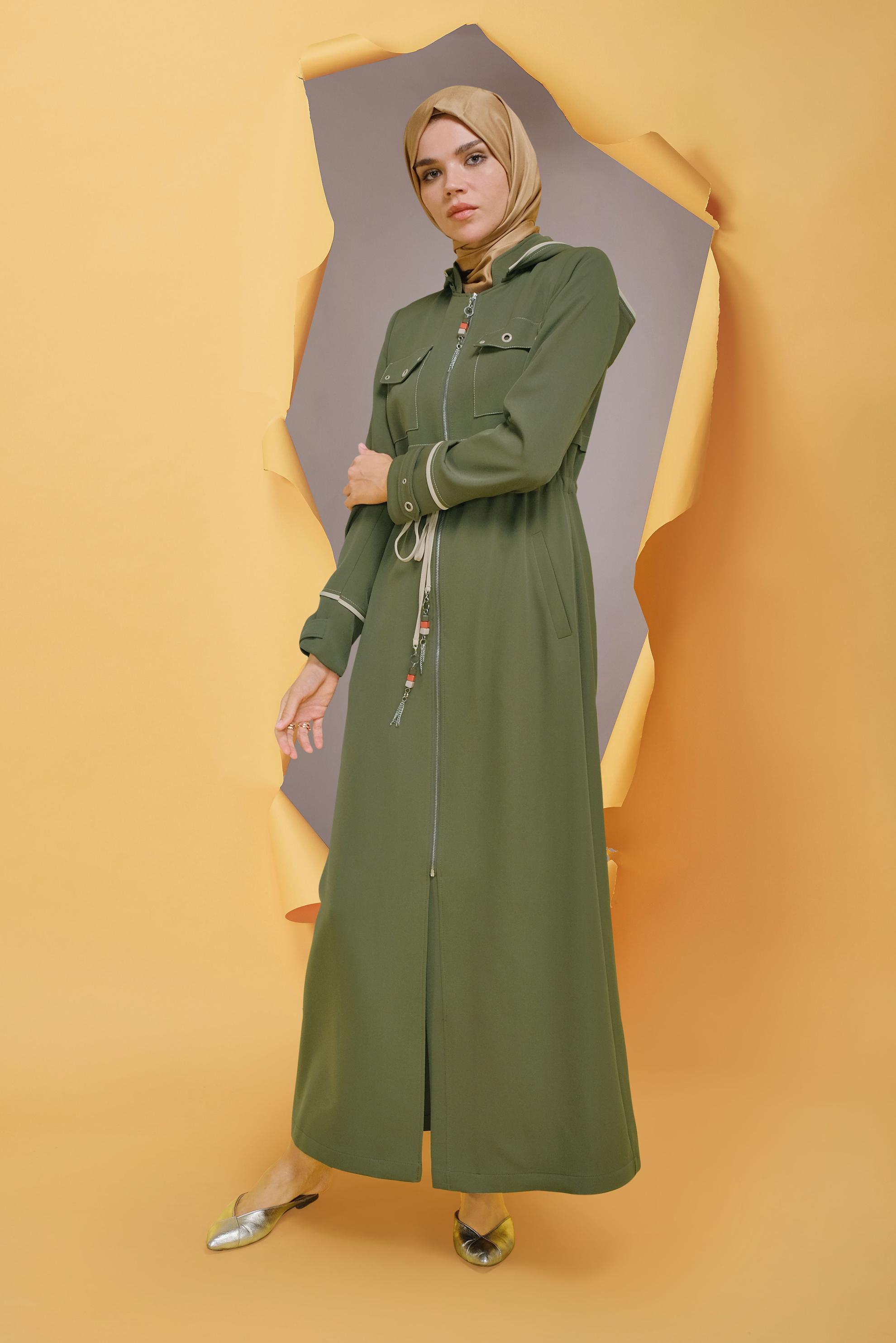 Tesettür giyim HAKİ KUŞ GÖZÜ DETAYLI PARDESÜ 10381