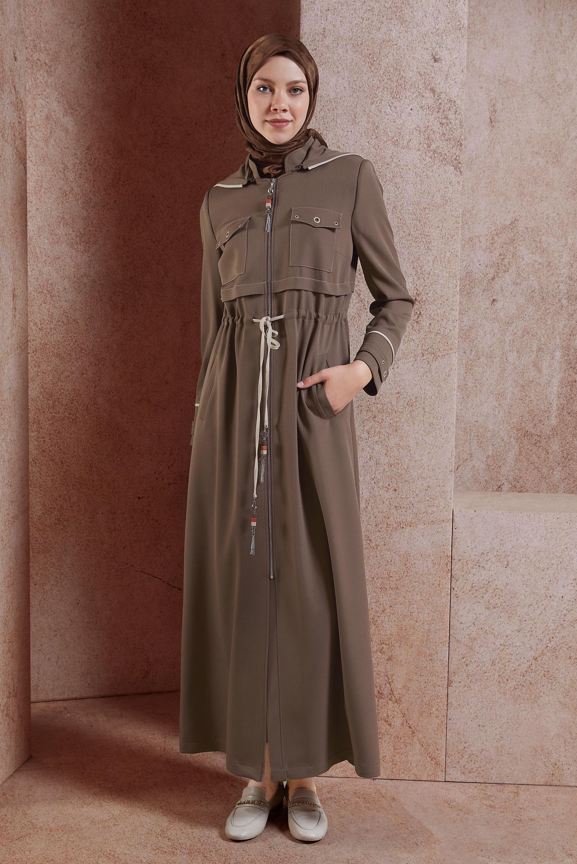 Tesettür giyim VİZON KUŞ GÖZÜ DETAYLI PARDESÜ 10381