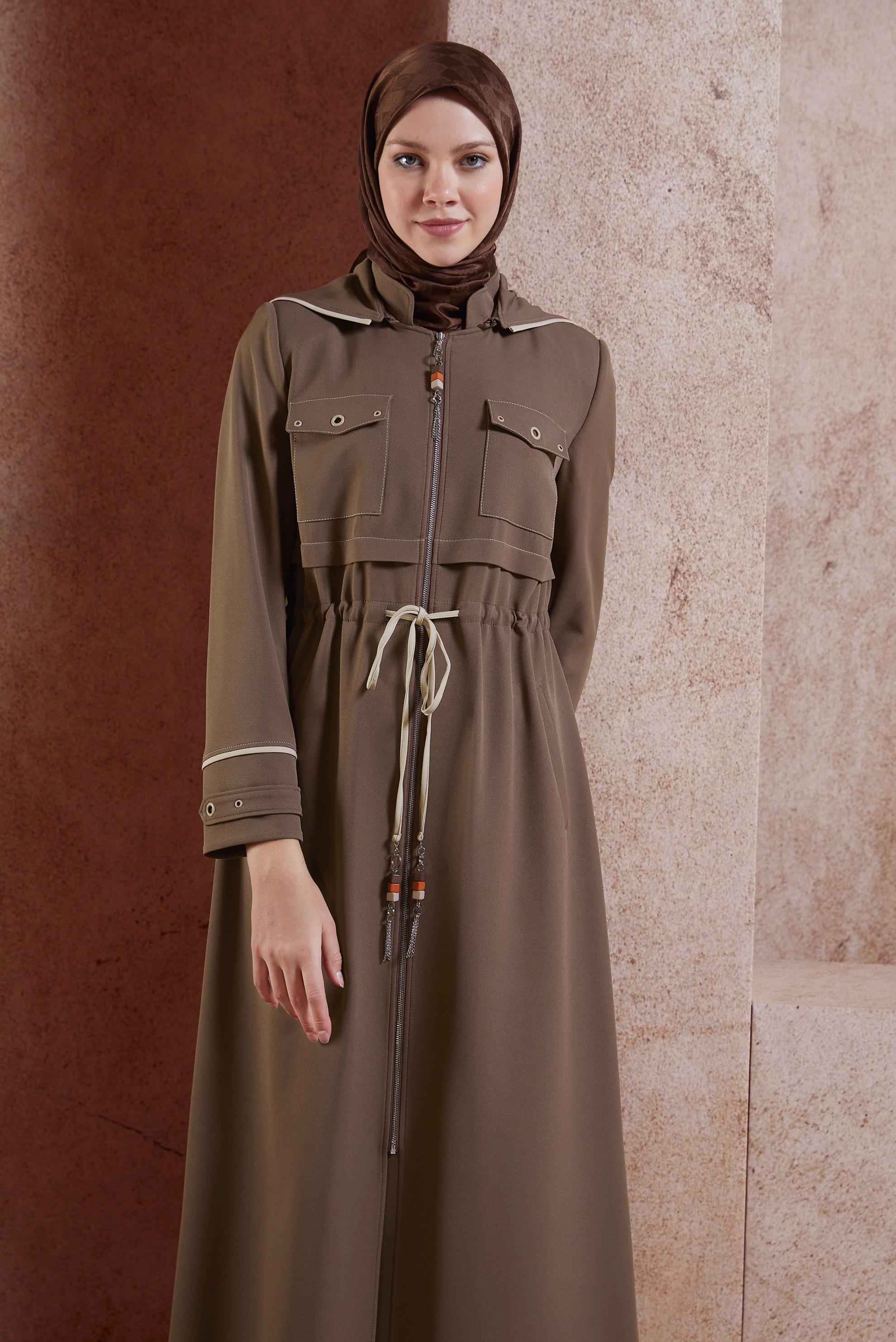 Tesettür giyim VİZON KUŞ GÖZÜ DETAYLI PARDESÜ 10381