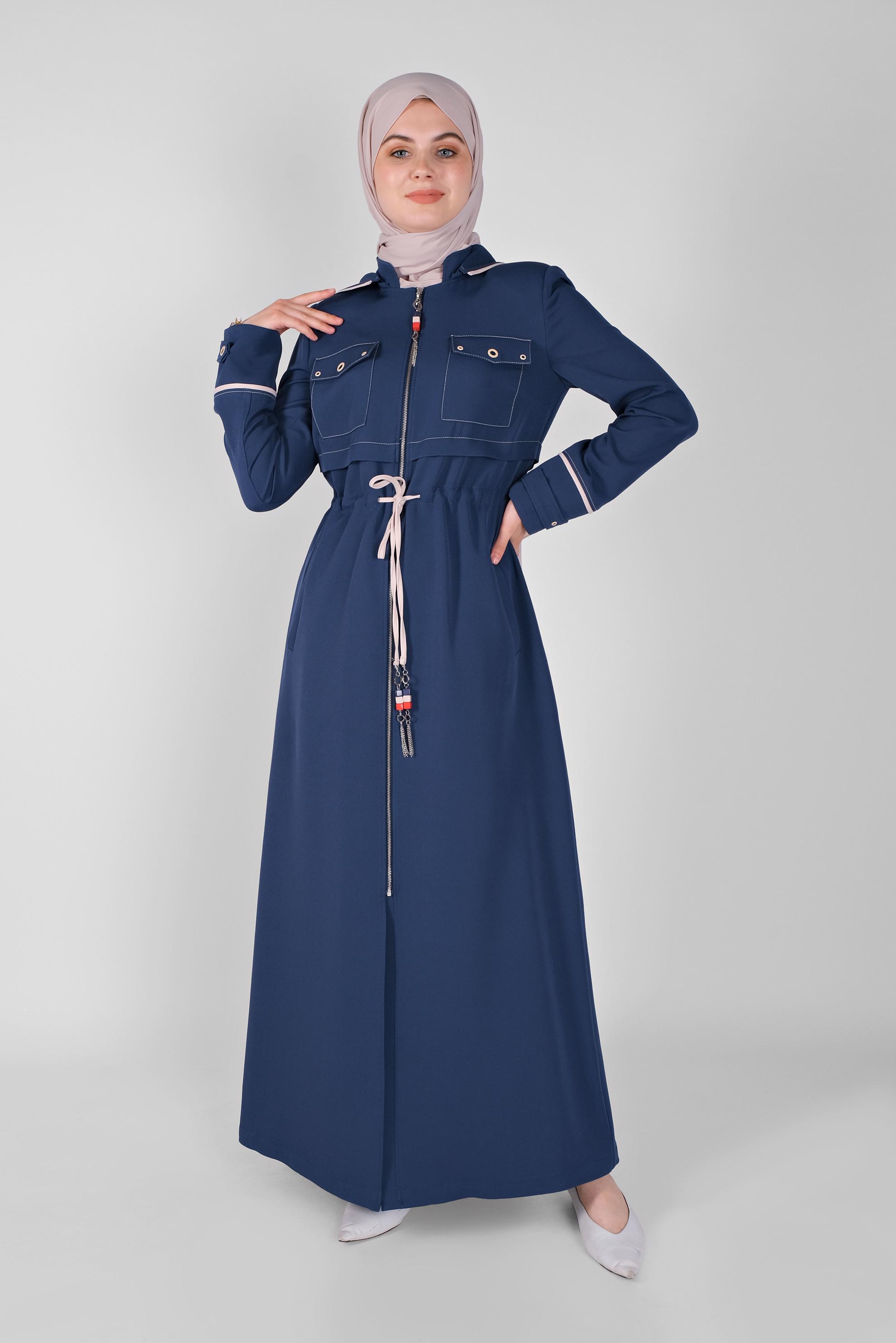 Tesettür giyim LACİVERT KUŞ GÖZÜ DETAYLI PARDESÜ 10381