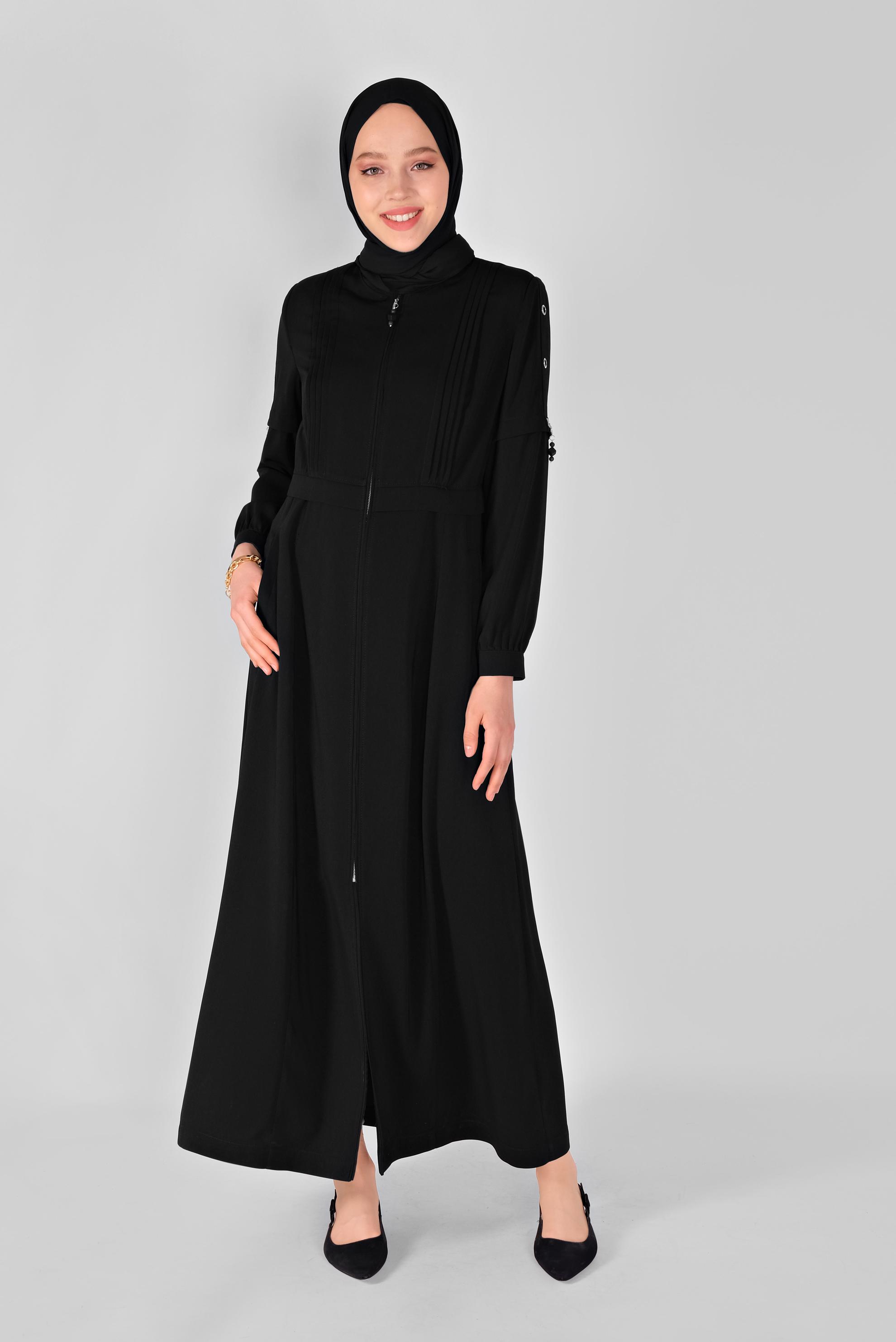 Tesettür giyim SİYAH KUŞGÖZÜ DETAYLI PARDESÜ 10382