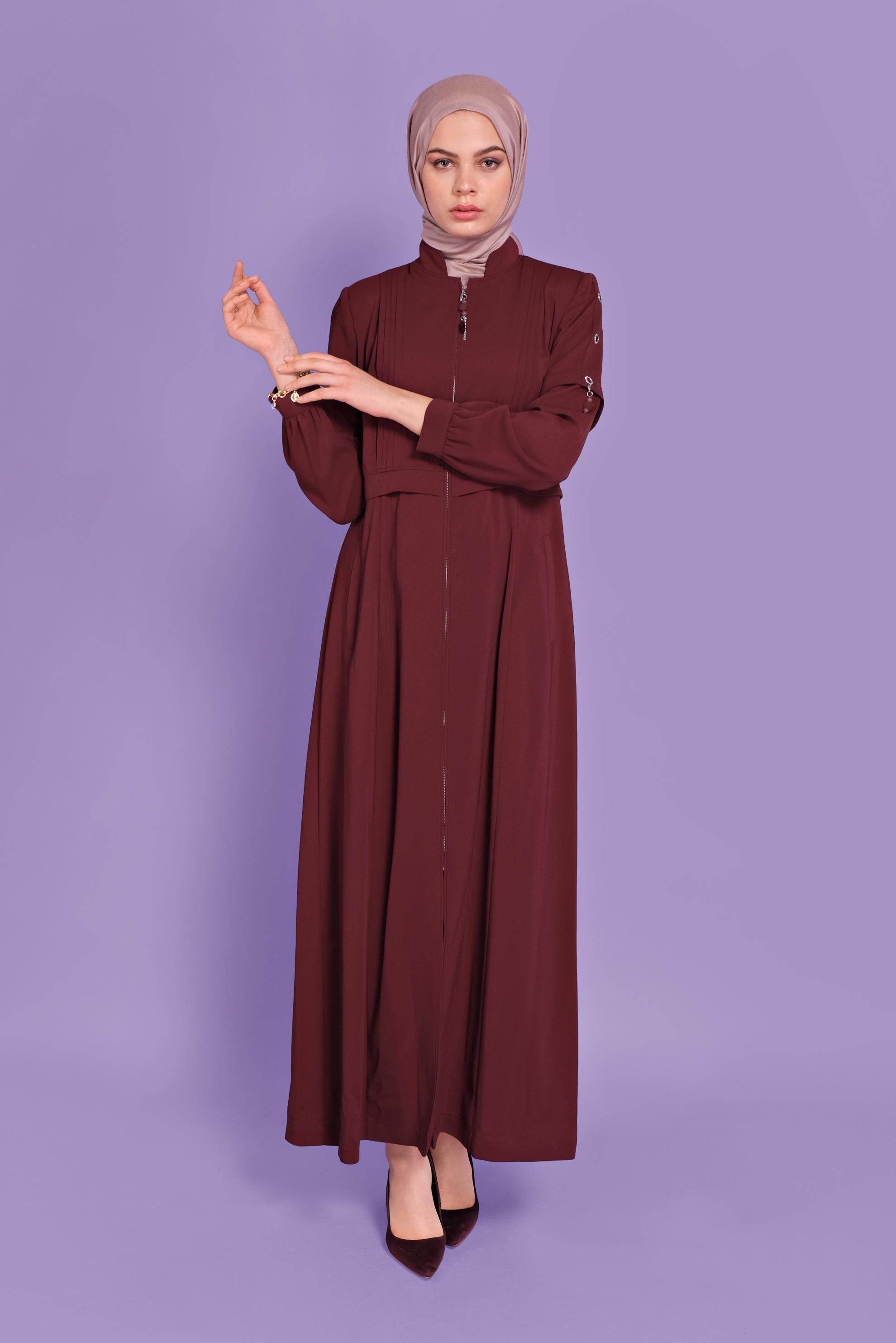 Tesettür giyim BORDO KUŞGÖZÜ DETAYLI PARDESÜ 10382