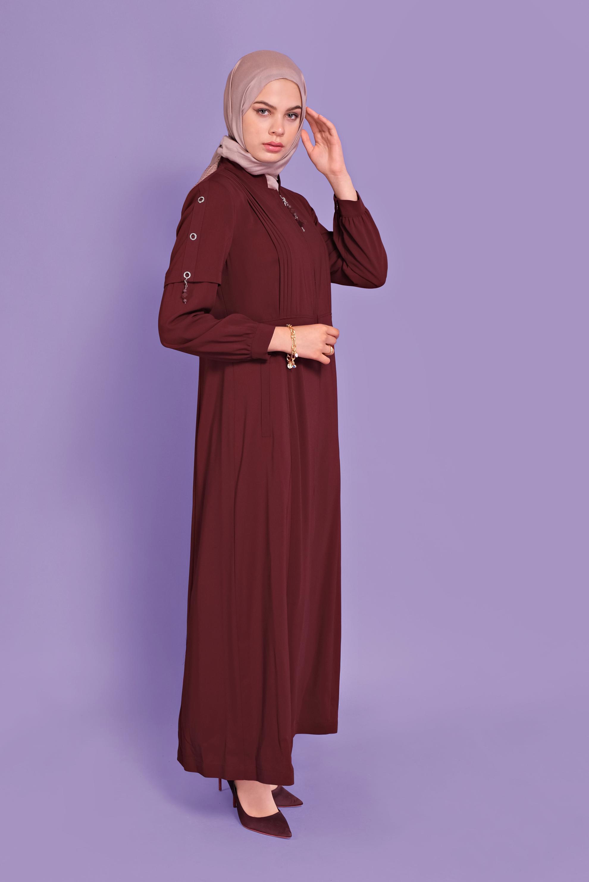 Tesettür giyim BORDO KUŞGÖZÜ DETAYLI PARDESÜ 10382