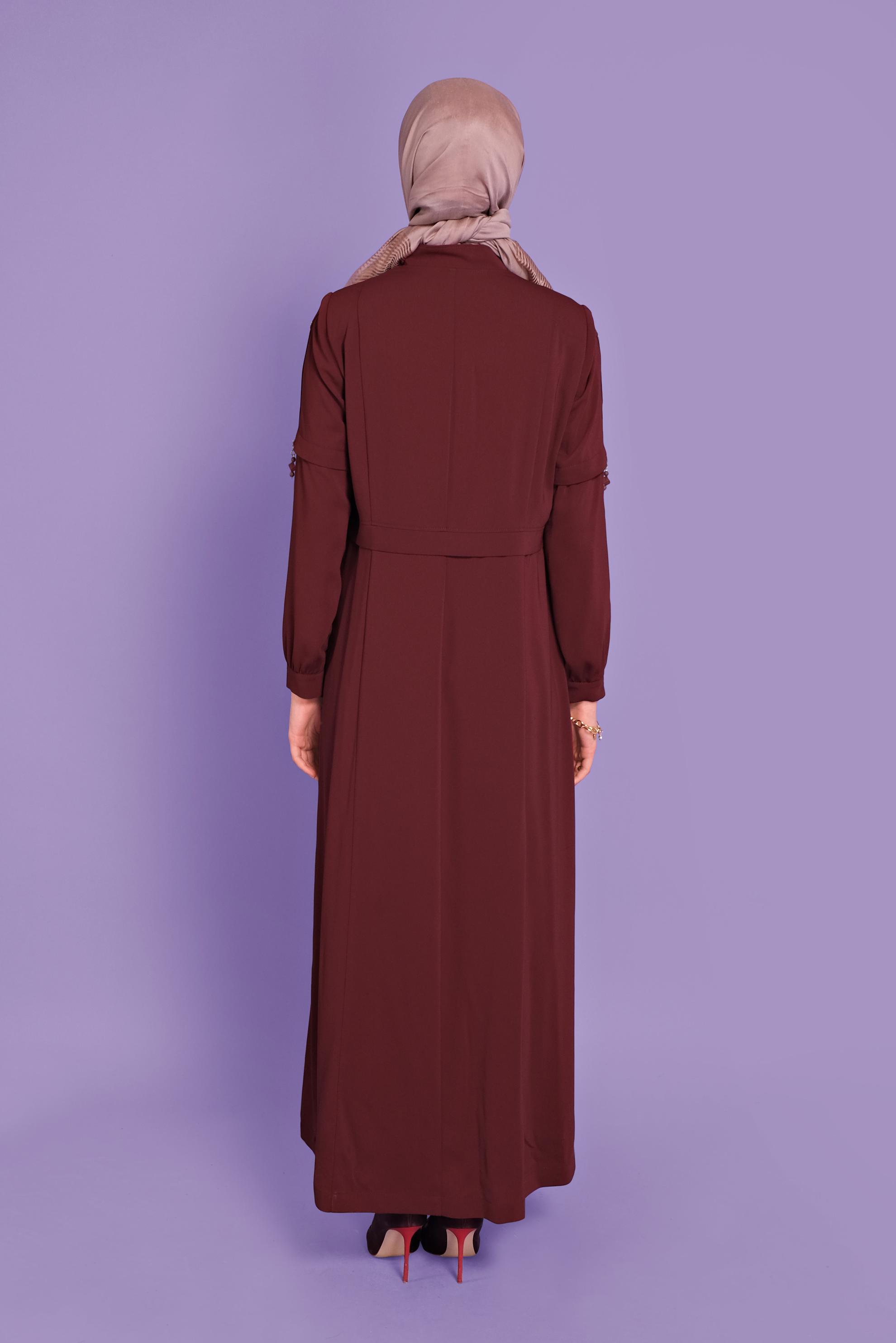 Tesettür giyim BORDO KUŞGÖZÜ DETAYLI PARDESÜ 10382