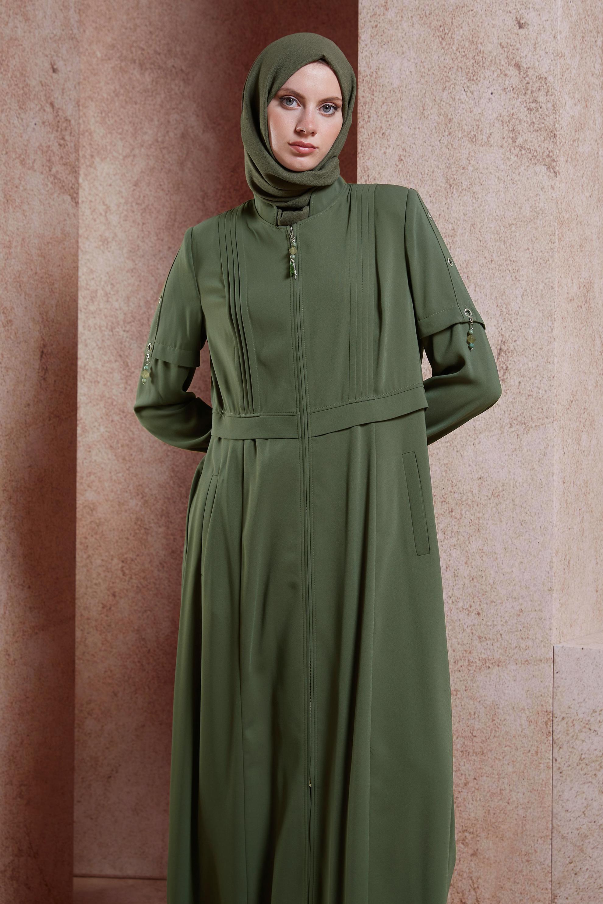 Tesettür giyim HAKİ KUŞGÖZÜ DETAYLI PARDESÜ 10382