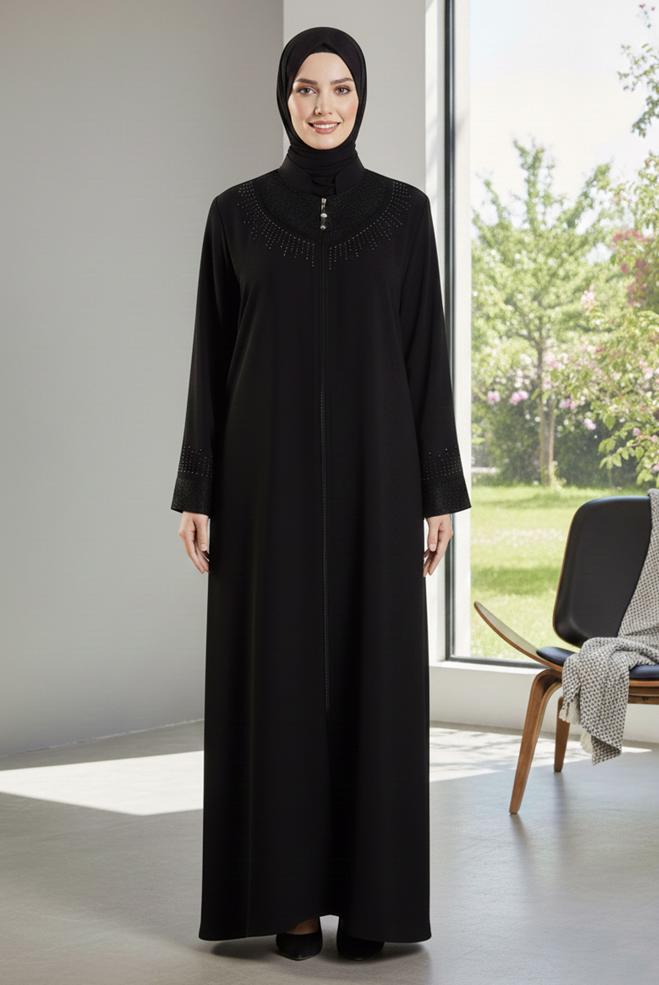 Hijab-Kleidung SCHWARZ PLUS GRÖßE LANGMANTEL10383 - ALVİNA