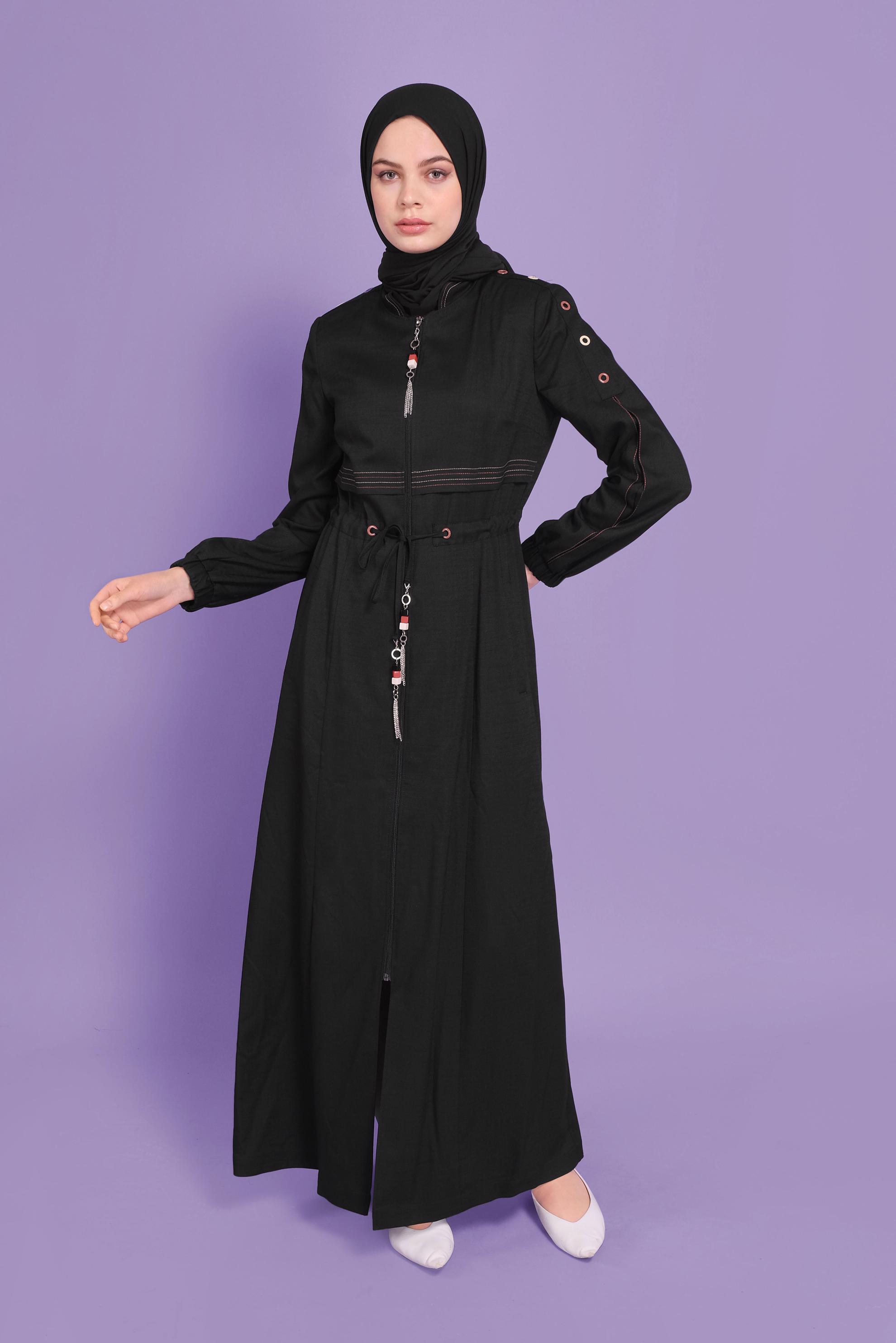 Tesettür giyim SİYAH KUŞGÖZÜ DETAYLI BÜZGÜ BAĞCIKLI PARDESÜ 10384