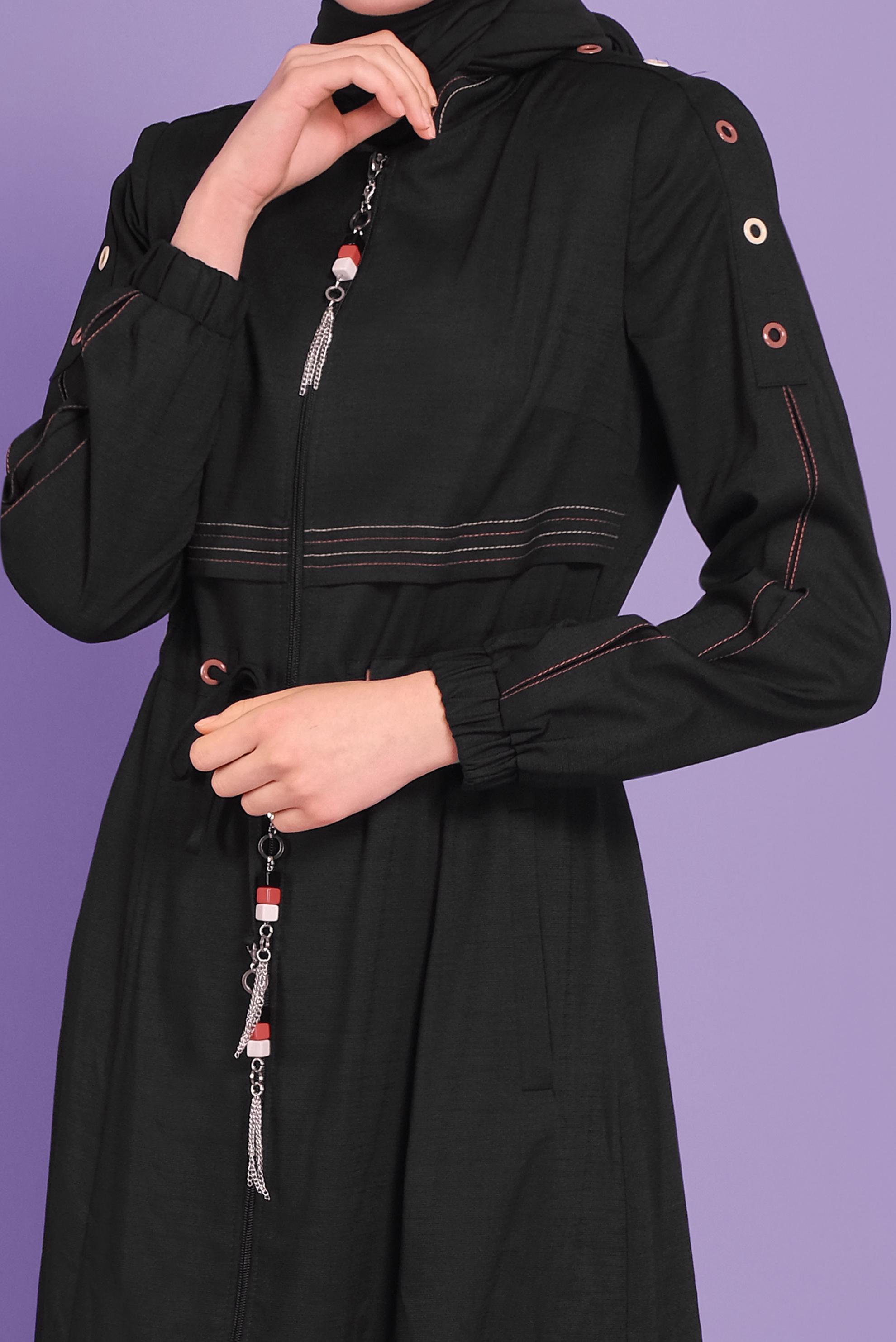 Tesettür giyim SİYAH KUŞGÖZÜ DETAYLI BÜZGÜ BAĞCIKLI PARDESÜ 10384