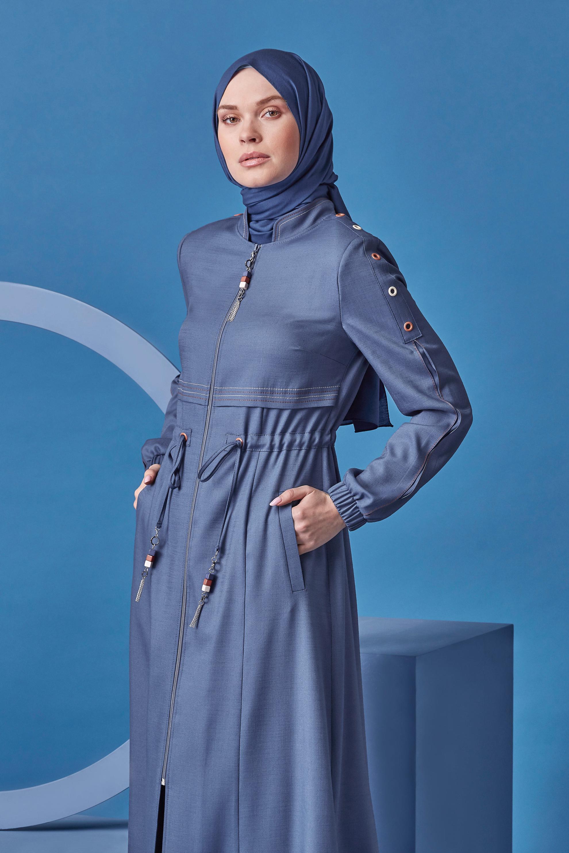 Tesettür giyim MAVİ KUŞGÖZÜ DETAYLI BÜZGÜ BAĞCIKLI PARDESÜ 10384