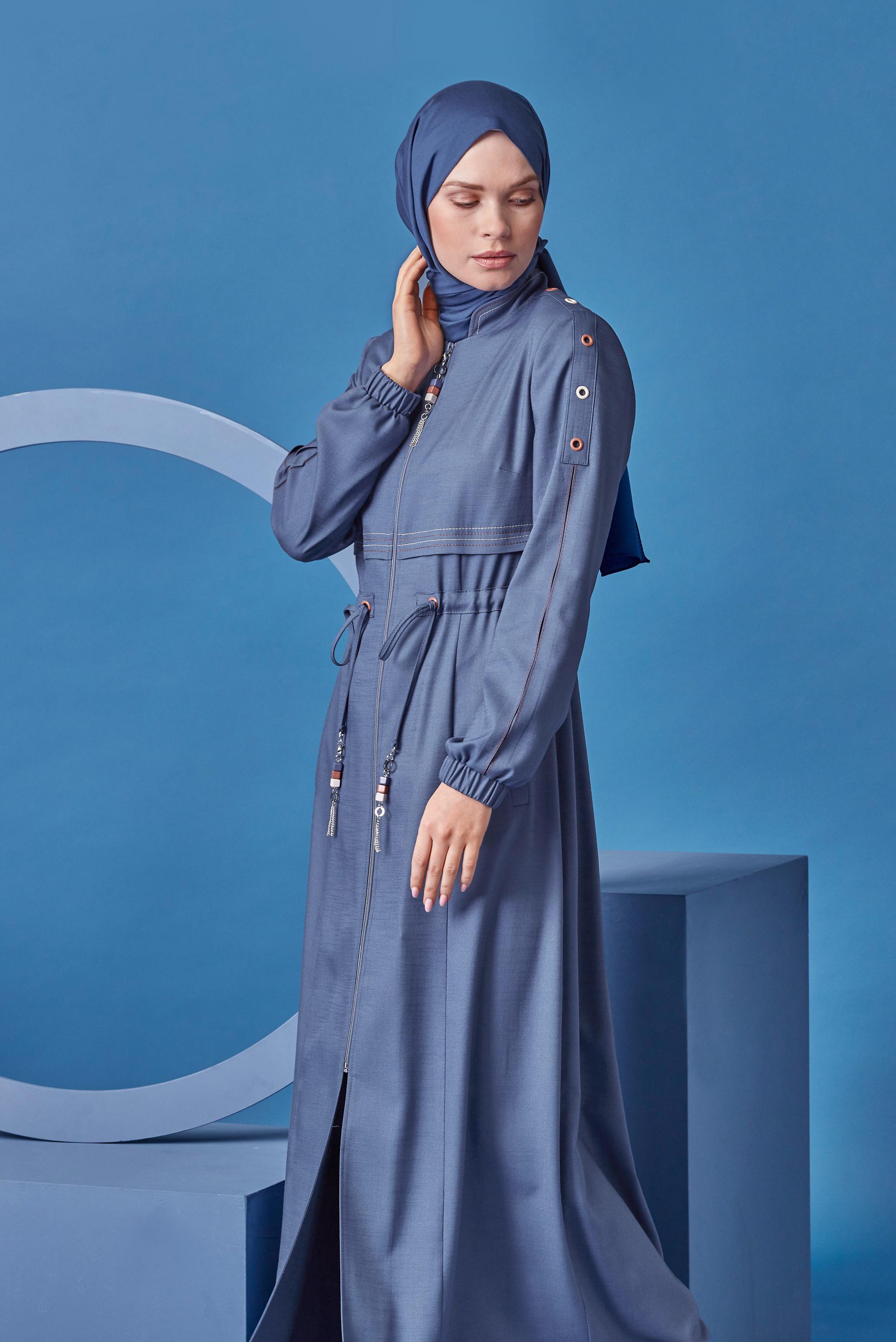 Tesettür giyim MAVİ KUŞGÖZÜ DETAYLI BÜZGÜ BAĞCIKLI PARDESÜ 10384