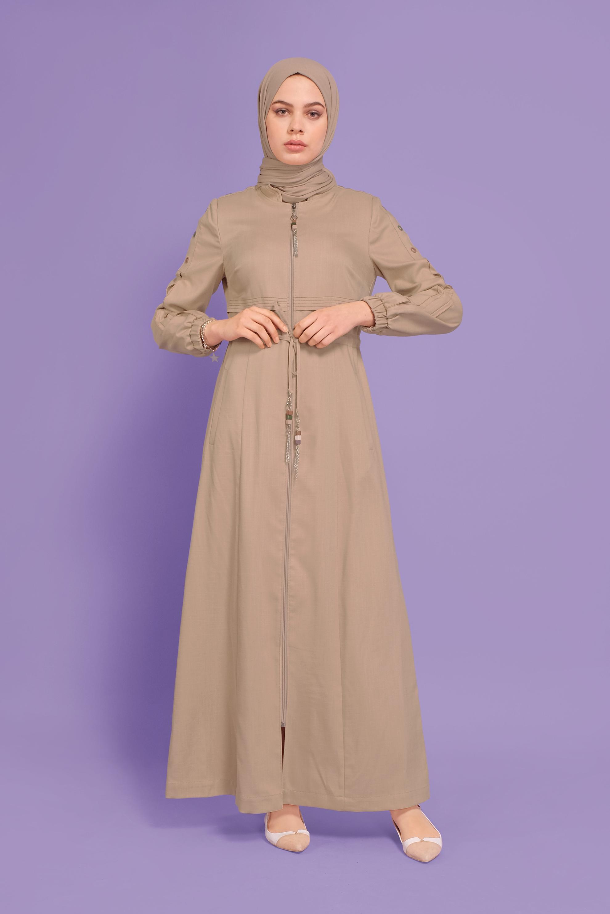 Tesettür giyim BEJ KUŞGÖZÜ DETAYLI BÜZGÜ BAĞCIKLI PARDESÜ 10384