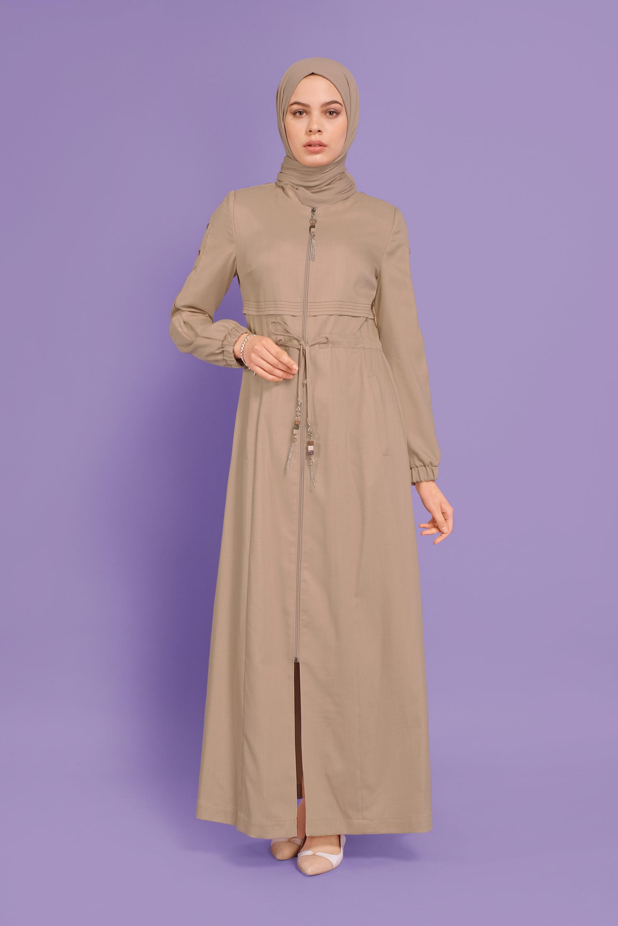 Tesettür giyim BEJ KUŞGÖZÜ DETAYLI BÜZGÜ BAĞCIKLI PARDESÜ 10384