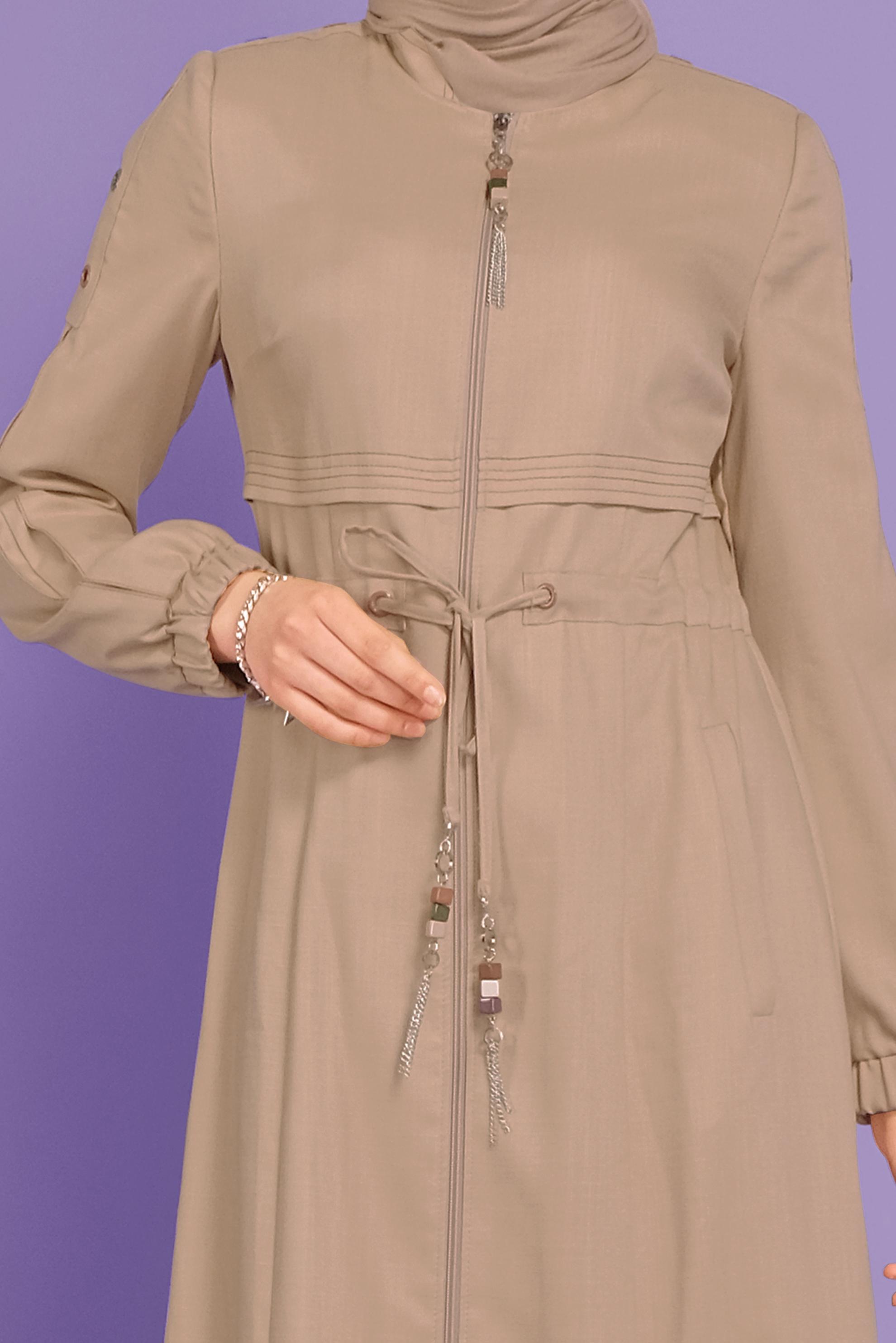 Tesettür giyim BEJ KUŞGÖZÜ DETAYLI BÜZGÜ BAĞCIKLI PARDESÜ 10384