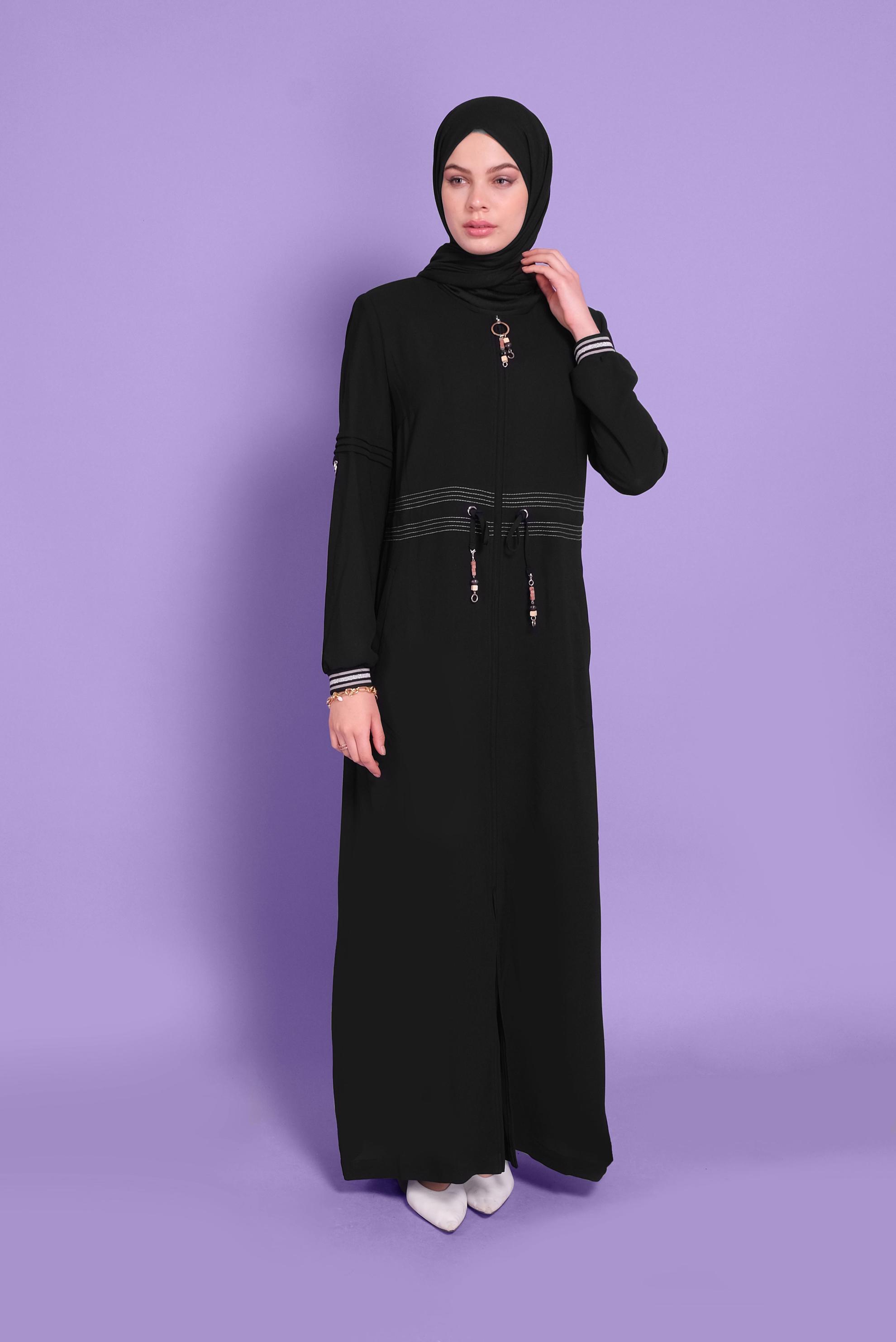 Tesettür giyim SİYAH 	MANŞETLERİ LASTİKLİ BAĞCIKLI PARDESÜ 10385 