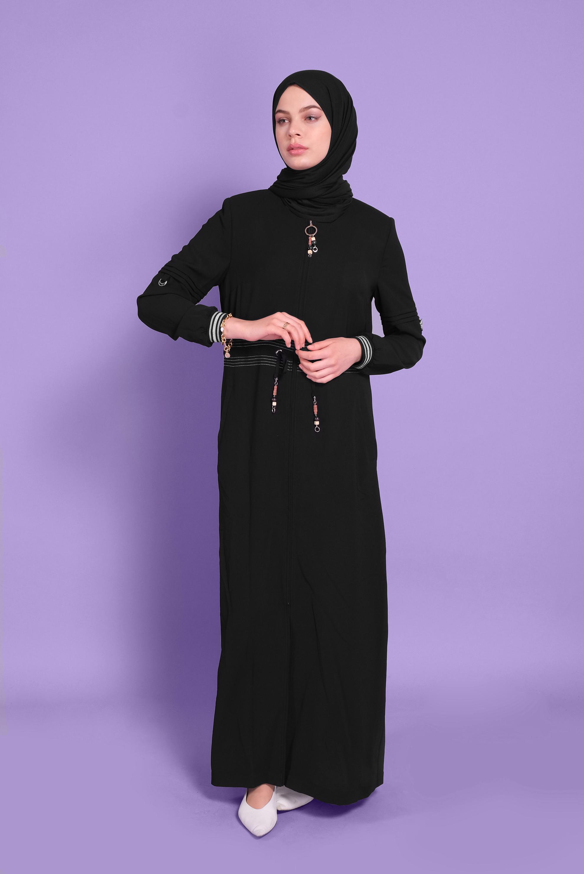 Tesettür giyim SİYAH 	MANŞETLERİ LASTİKLİ BAĞCIKLI PARDESÜ 10385 