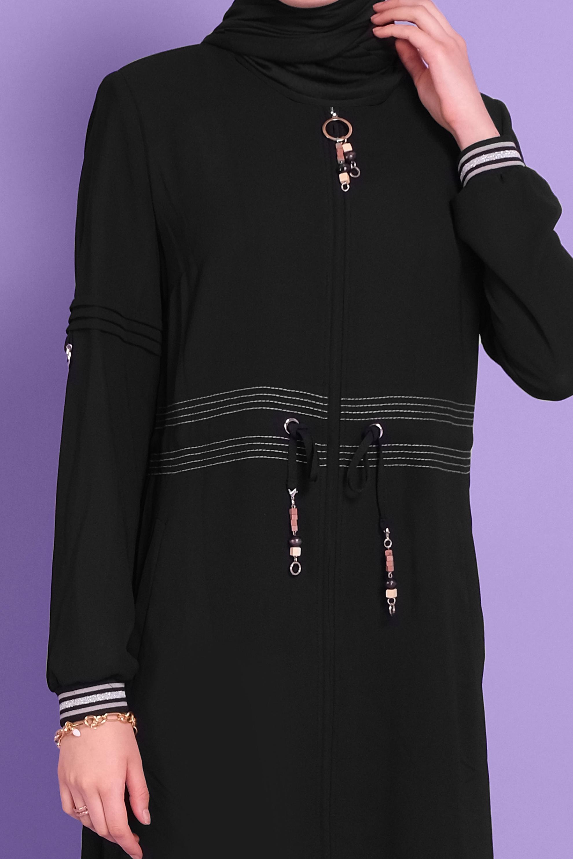 Tesettür giyim SİYAH 	MANŞETLERİ LASTİKLİ BAĞCIKLI PARDESÜ 10385 