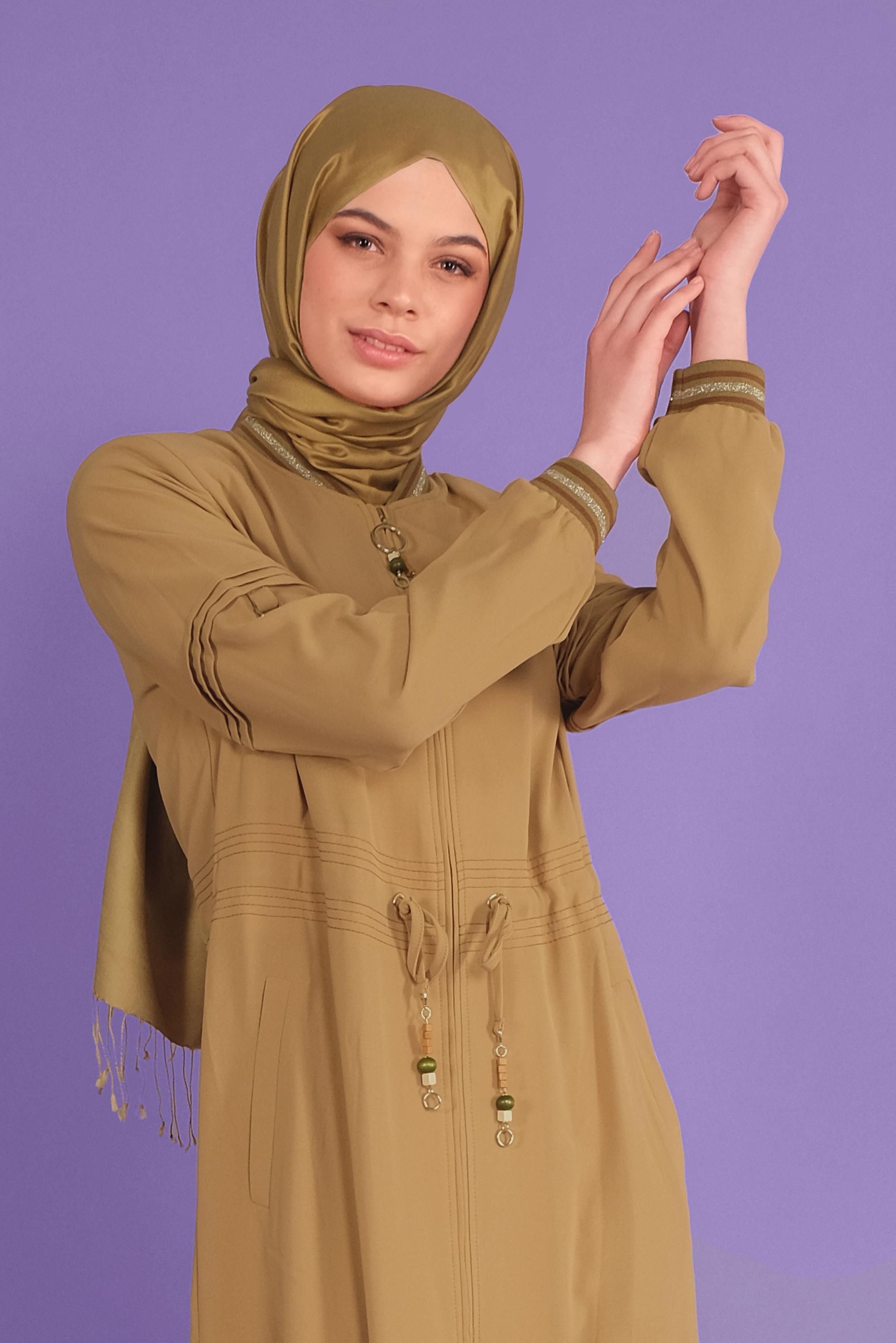 Tesettür giyim SARI 	MANŞETLERİ LASTİKLİ BAĞCIKLI PARDESÜ 10385 