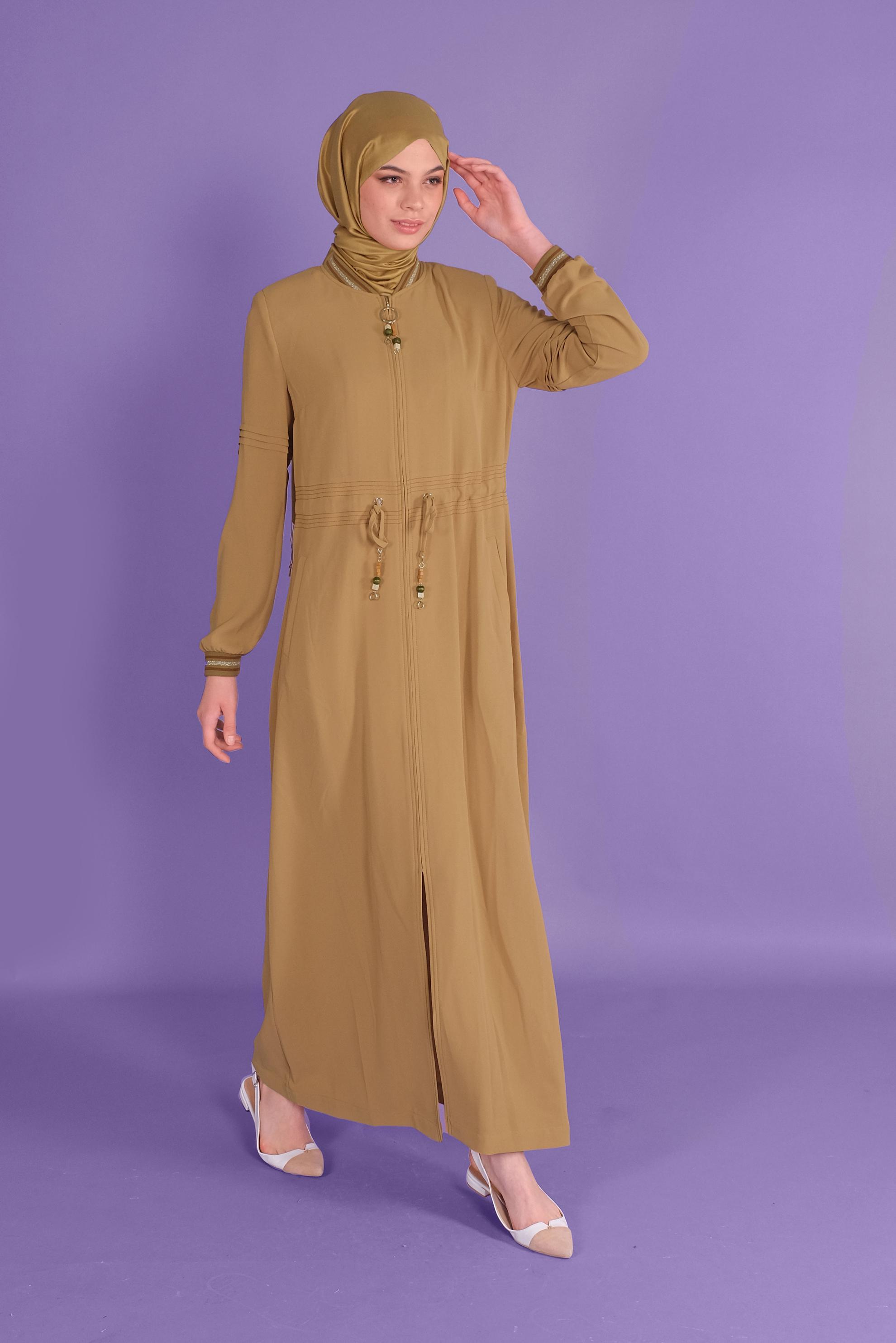 Tesettür giyim SARI 	MANŞETLERİ LASTİKLİ BAĞCIKLI PARDESÜ 10385 