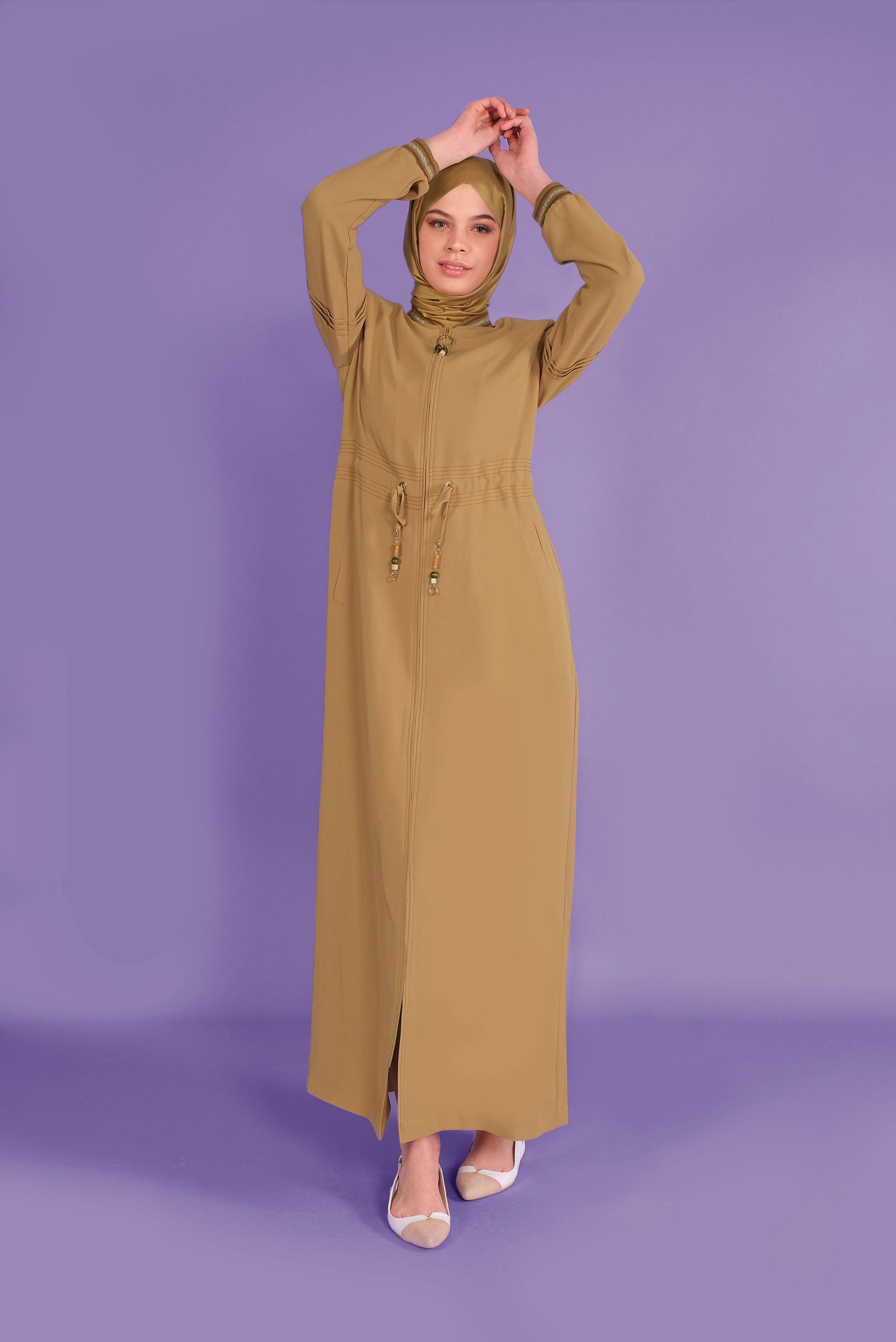 Tesettür giyim SARI 	MANŞETLERİ LASTİKLİ BAĞCIKLI PARDESÜ 10385 