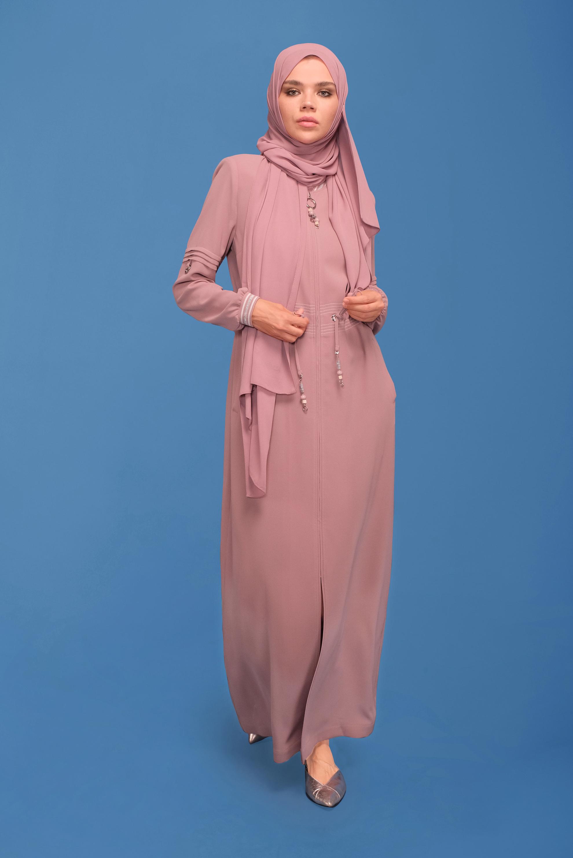 Tesettür giyim PUDRA 	MANŞETLERİ LASTİKLİ BAĞCIKLI PARDESÜ 10385 