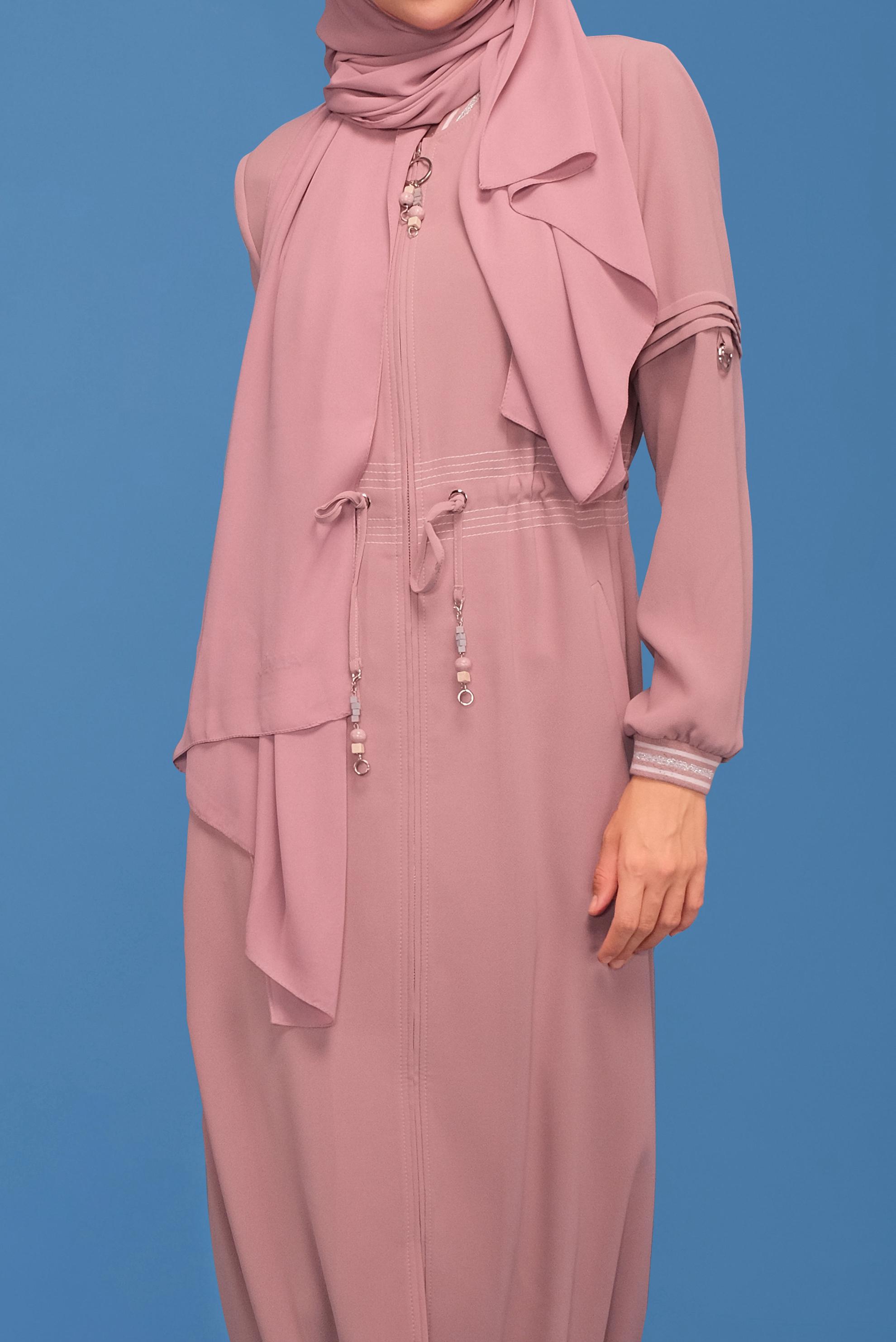Tesettür giyim PUDRA 	MANŞETLERİ LASTİKLİ BAĞCIKLI PARDESÜ 10385 