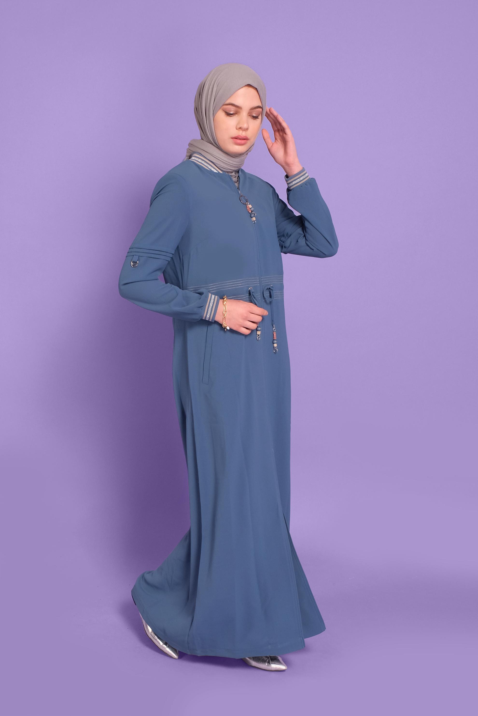 Tesettür giyim LACİVERT 	MANŞETLERİ LASTİKLİ BAĞCIKLI PARDESÜ 10385 