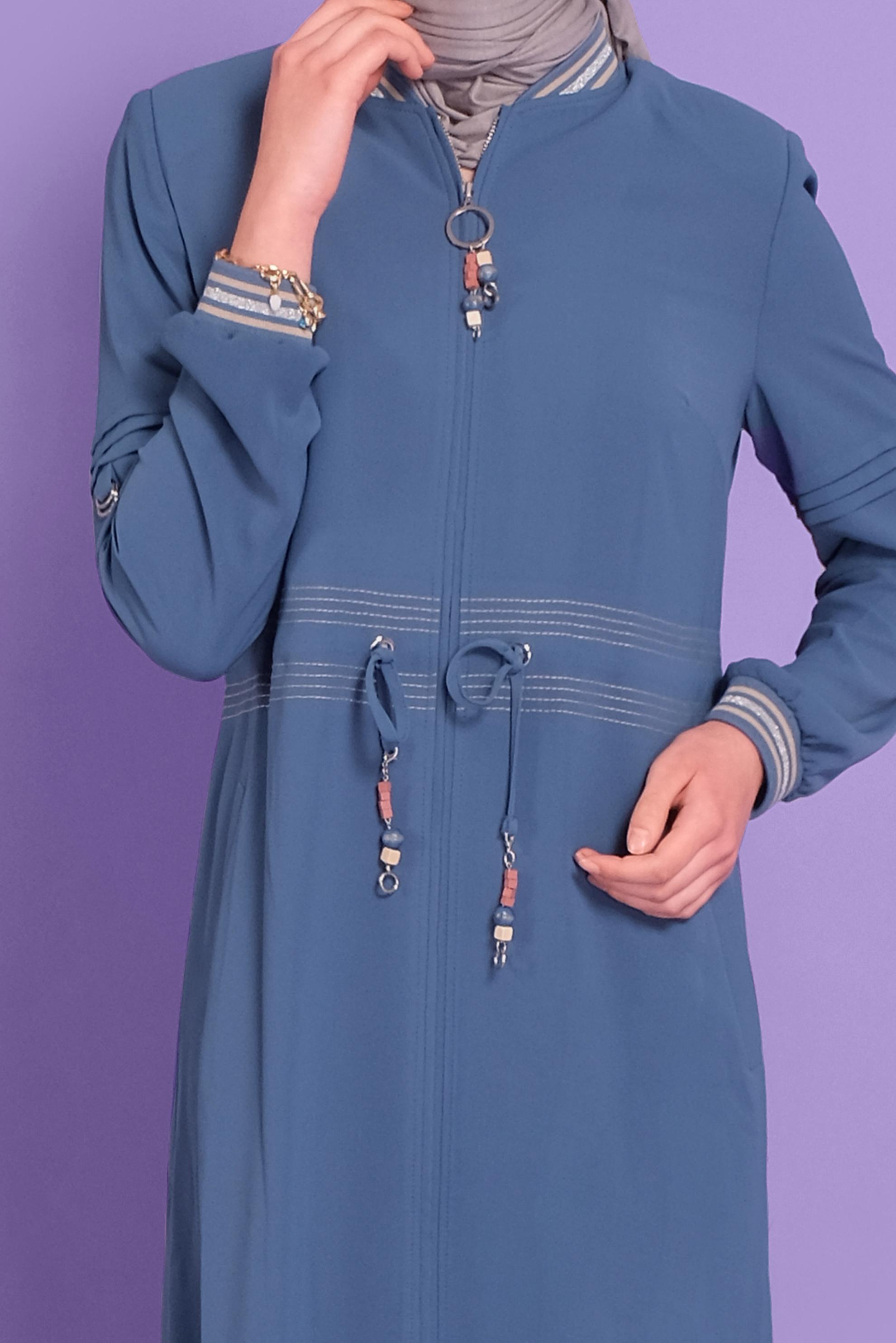 Tesettür giyim LACİVERT 	MANŞETLERİ LASTİKLİ BAĞCIKLI PARDESÜ 10385 