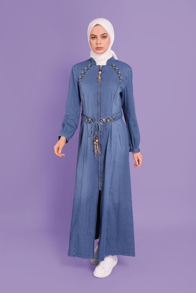 Vêtements hijab BLEU MARINE COUCHE DE FINITION EN DENIM AVEC CEINTURE BRODÉE 10390 - ALVİNA