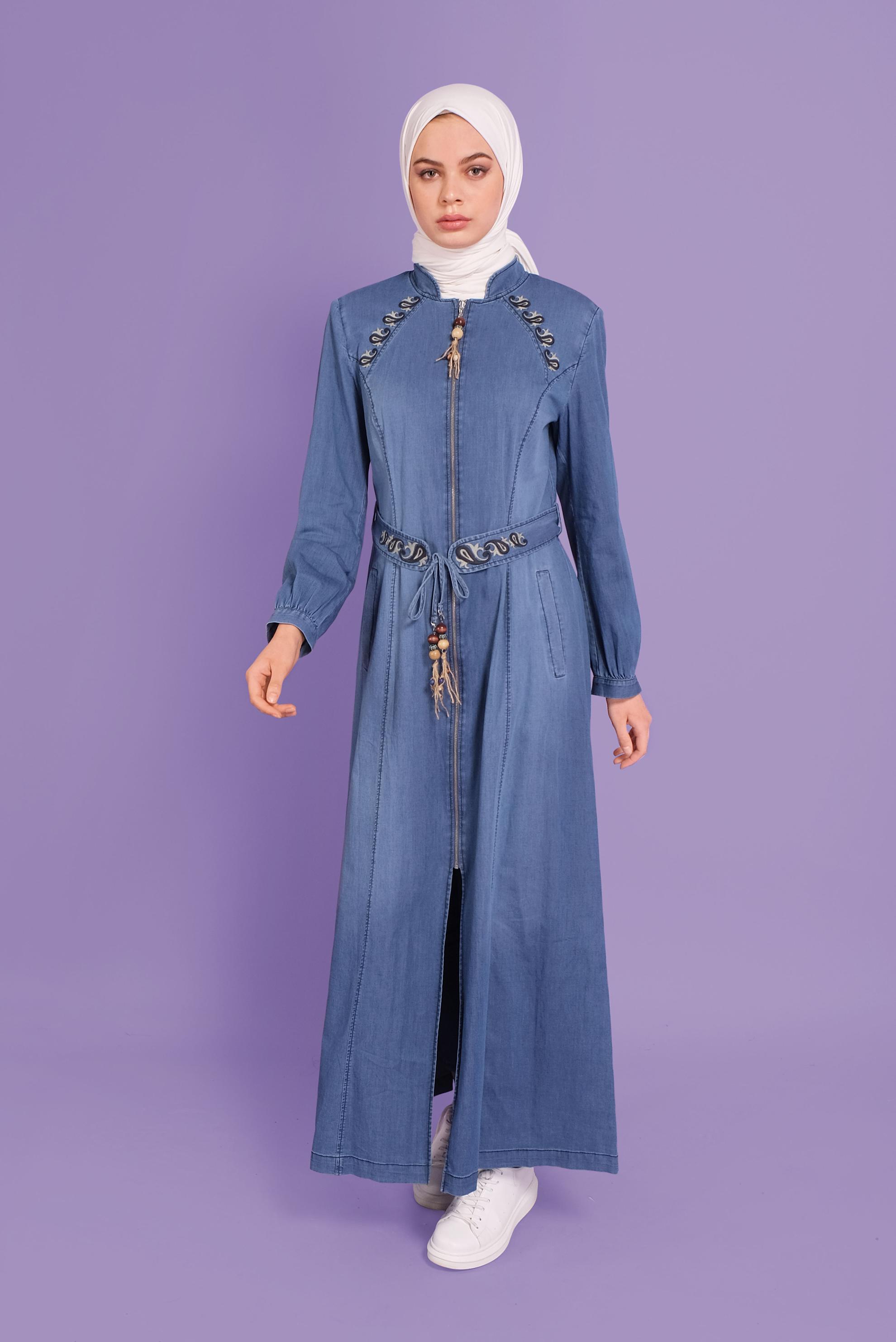 Vêtements hijab BLEU MARINE COUCHE DE FINITION EN DENIM AVEC CEINTURE BRODÉE 10390