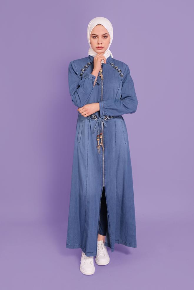 Vêtements hijab BLEU MARINE COUCHE DE FINITION EN DENIM AVEC CEINTURE BRODÉE 10390 - ALVİNA
